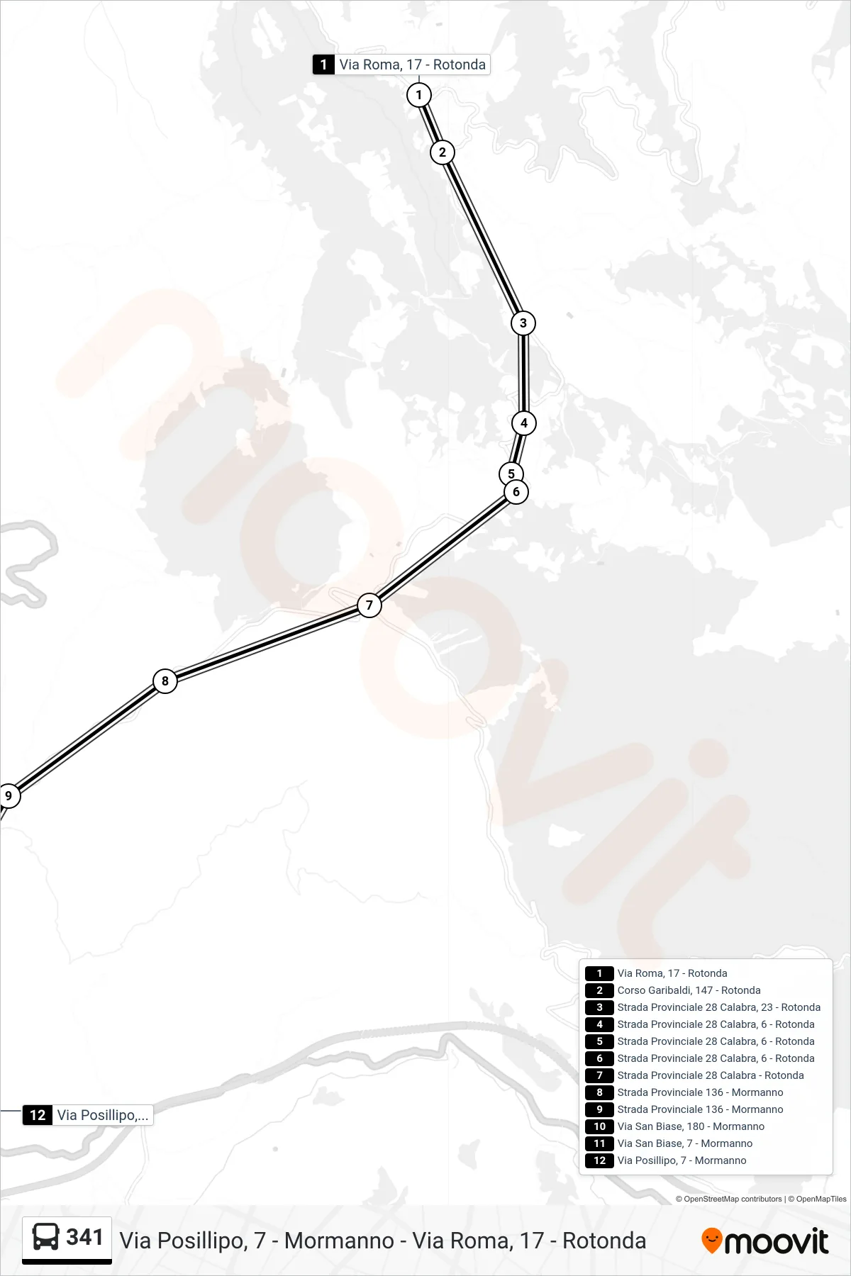 Linea 341 bus (Via Posillipo, 7 - Mormanno) - Percorsi e fermate sulla mappa