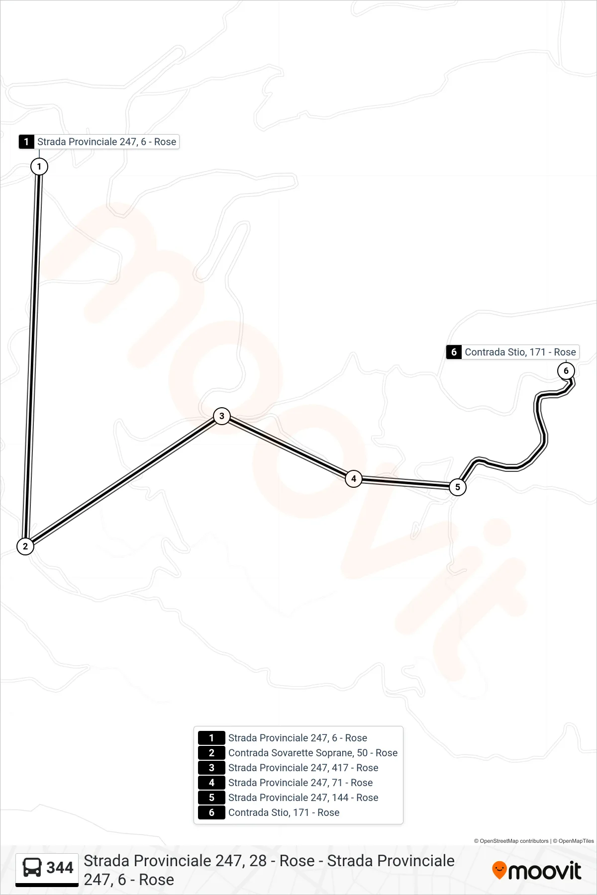 Linea 344  bus (Contrada Stio, 171 - Rose) - Percorsi e fermate sulla mappa