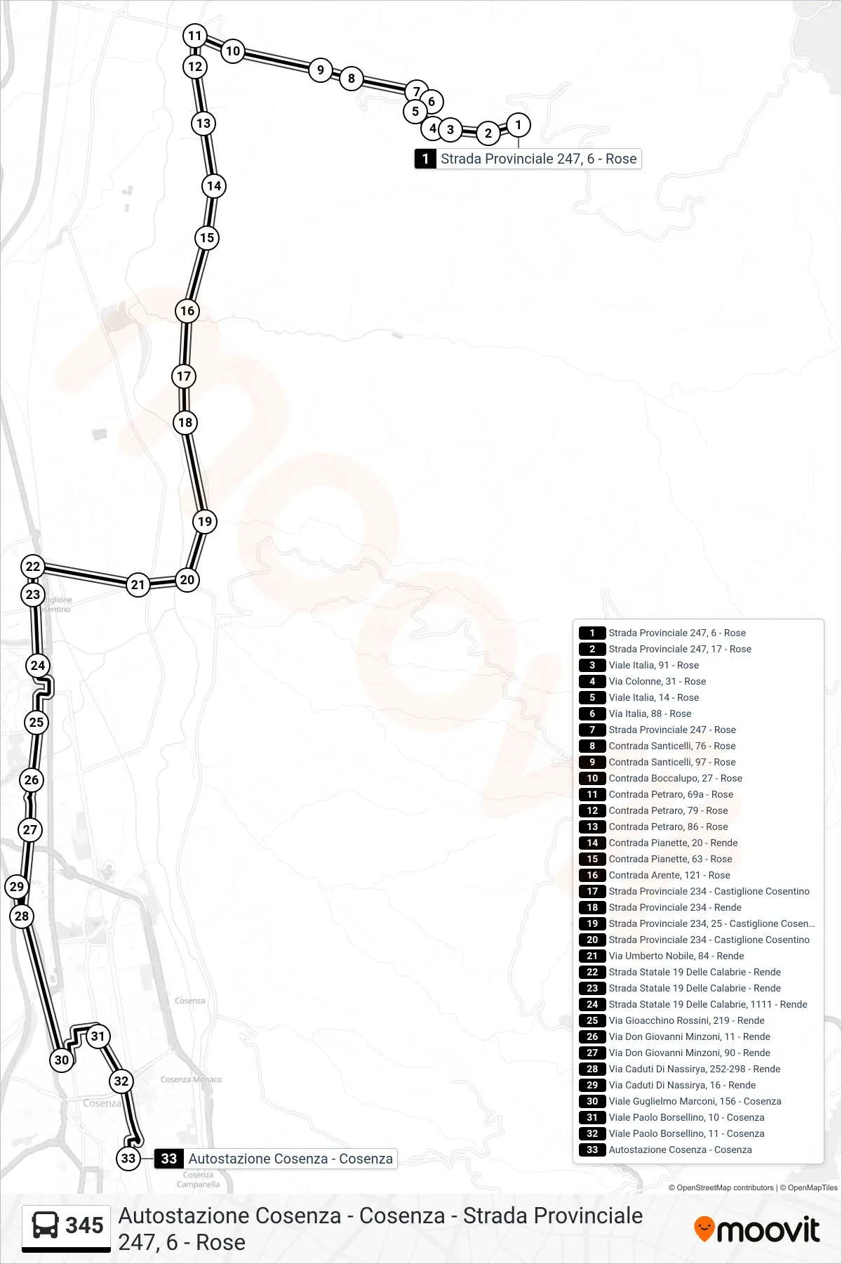 Linea 345 bus (Autostazione Cosenza - Cosenza) - Percorsi e fermate sulla mappa