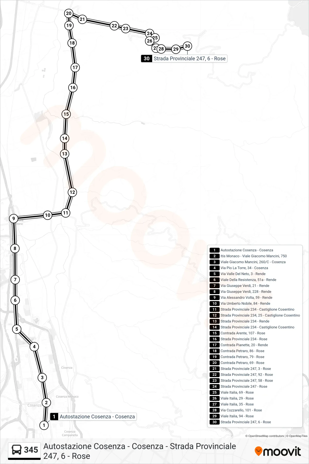 Linea 345 bus (Strada Provinciale 247, 6 - Rose) - Percorsi e fermate sulla mappa
