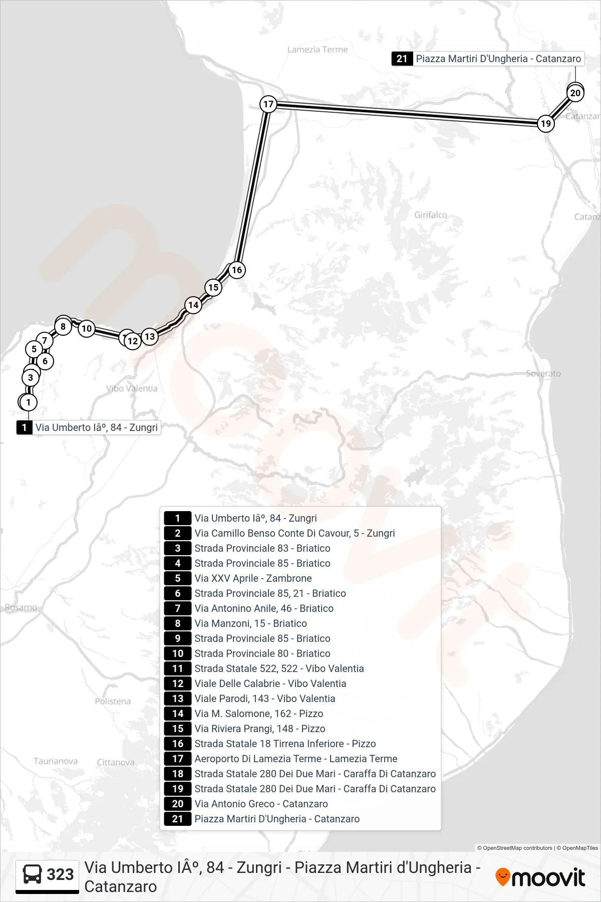 Linea 323 bus (Piazza Martiri D'Ungheria - Catanzaro) - Percorsi e fermate sulla mappa