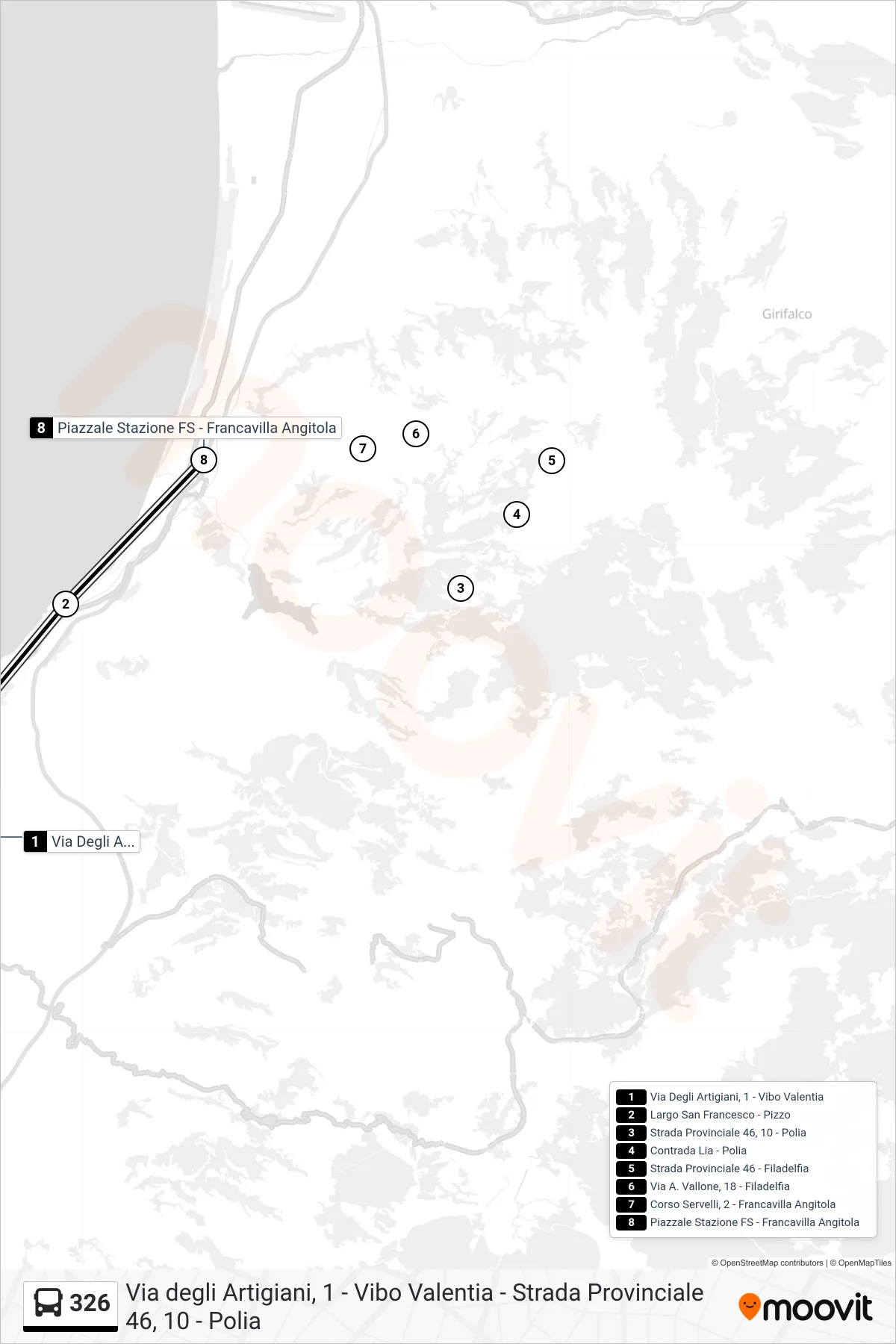 Linea 326  bus (Piazzale Stazione FS - Francavilla Angitola) - Percorsi e fermate sulla mappa