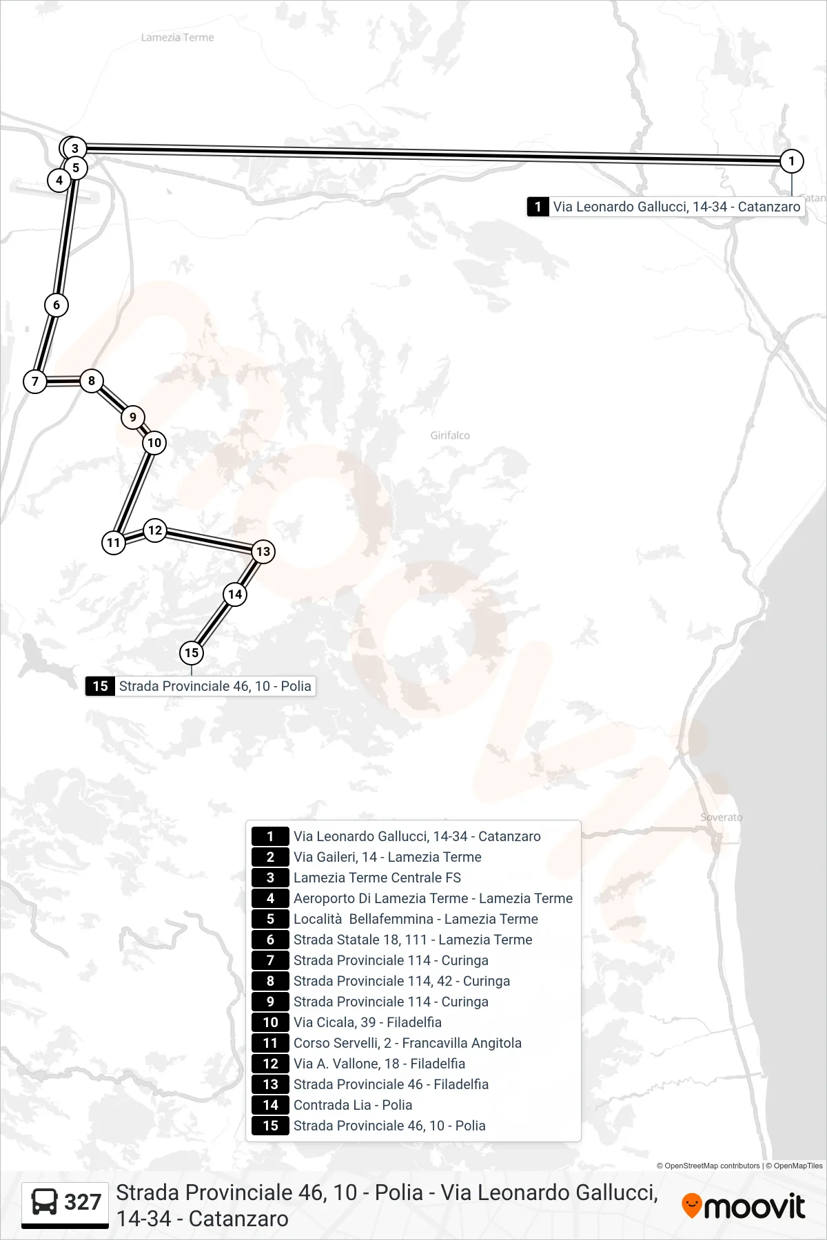 Linea 327 bus (Strada Provinciale 46, 10 - Polia) - Percorsi e fermate sulla mappa