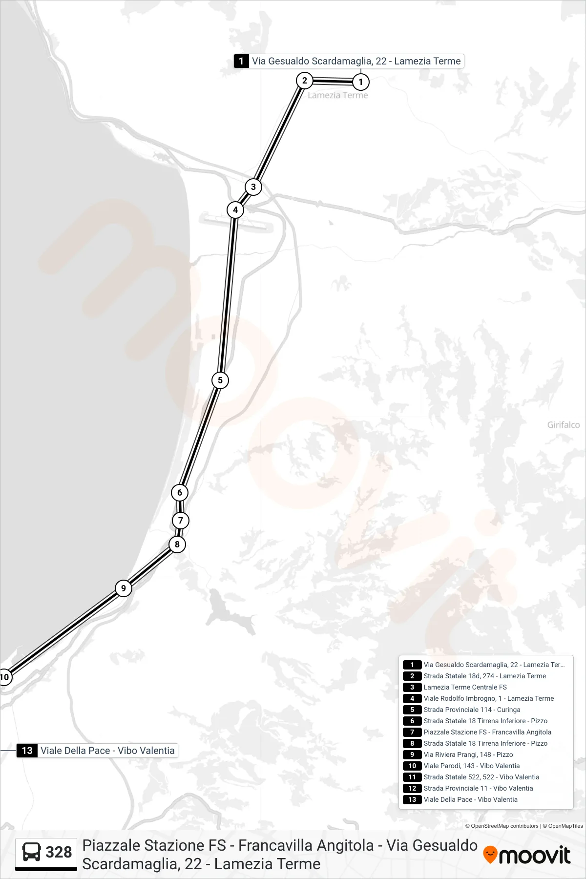 Linea 328 bus (Viale Della Pace - Vibo Valentia) - Percorsi e fermate sulla mappa