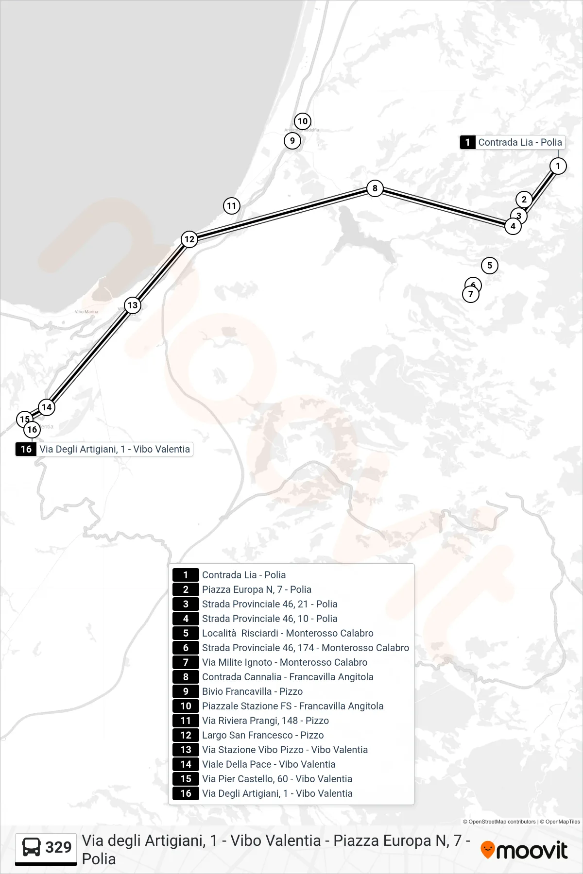 Linea 329 bus (Via Degli Artigiani, 1 - Vibo Valentia) - Percorsi e fermate sulla mappa