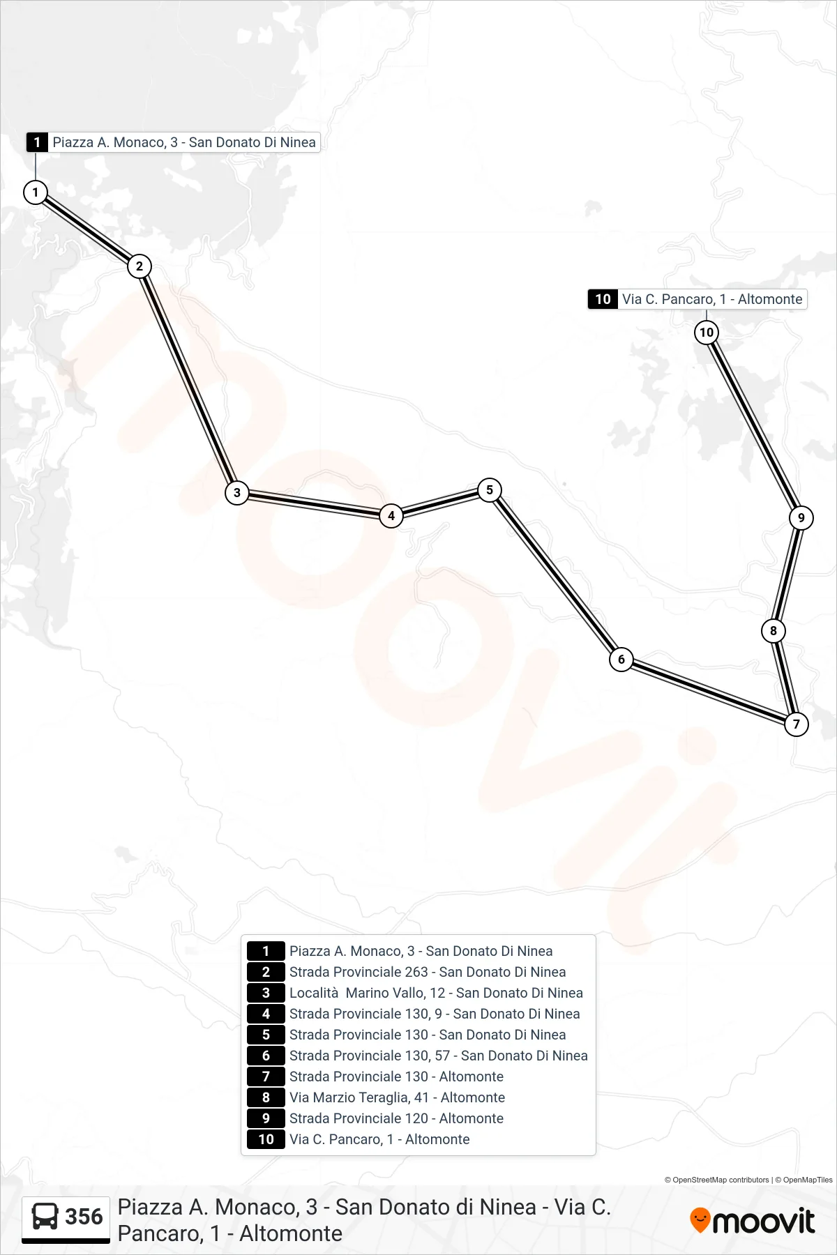 Linea 356  bus (Via C. Pancaro, 1 - Altomonte) - Percorsi e fermate sulla mappa