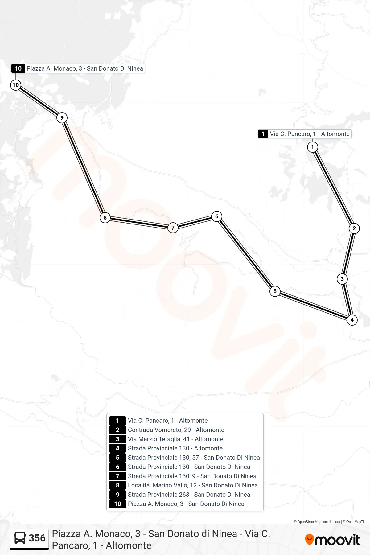 Linea 356 bus (Piazza A. Monaco, 3 - San Donato Di Ninea) - Percorsi e fermate sulla mappa