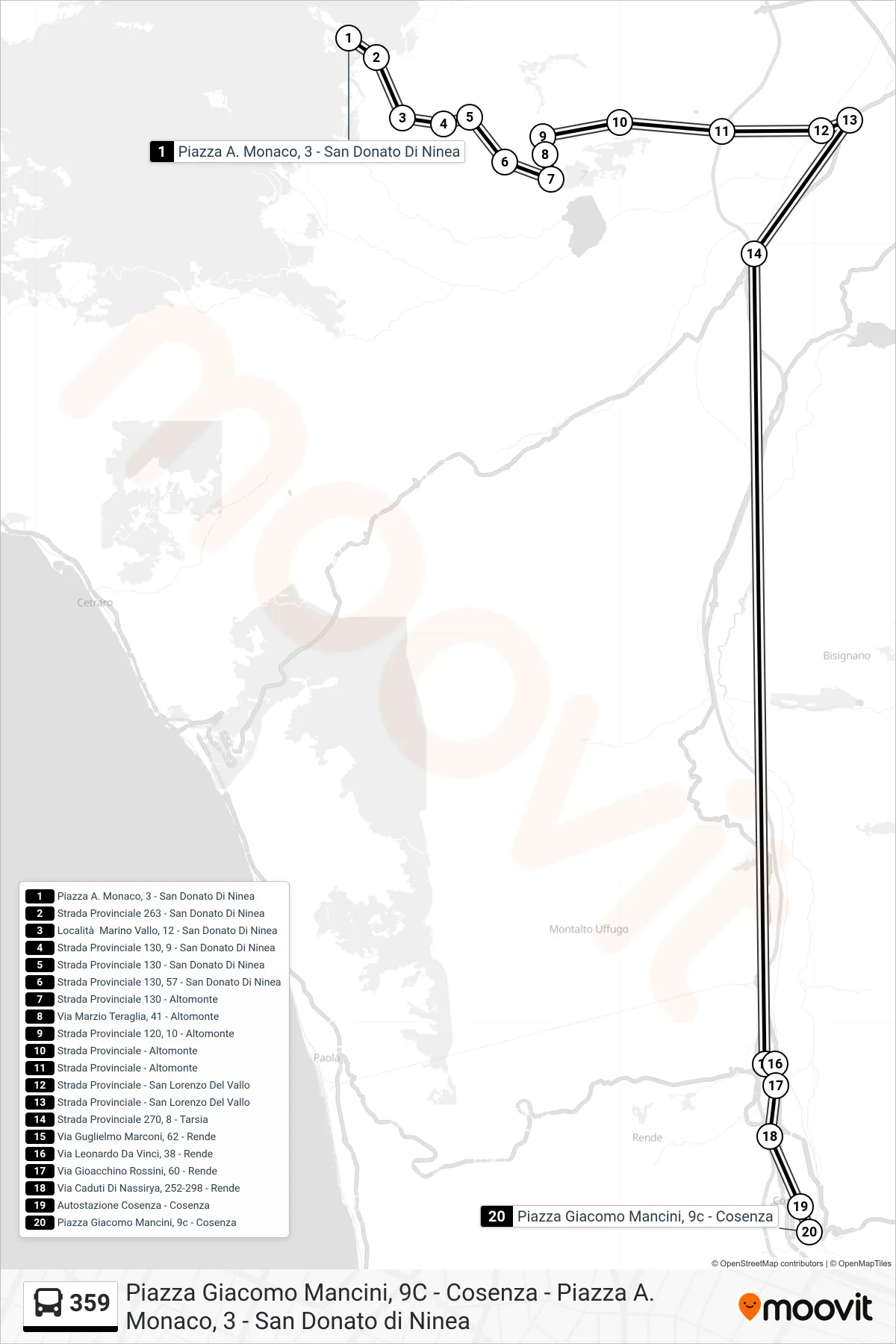 Linea 359 bus (Piazza Giacomo Mancini, 9c - Cosenza) - Percorsi e fermate sulla mappa
