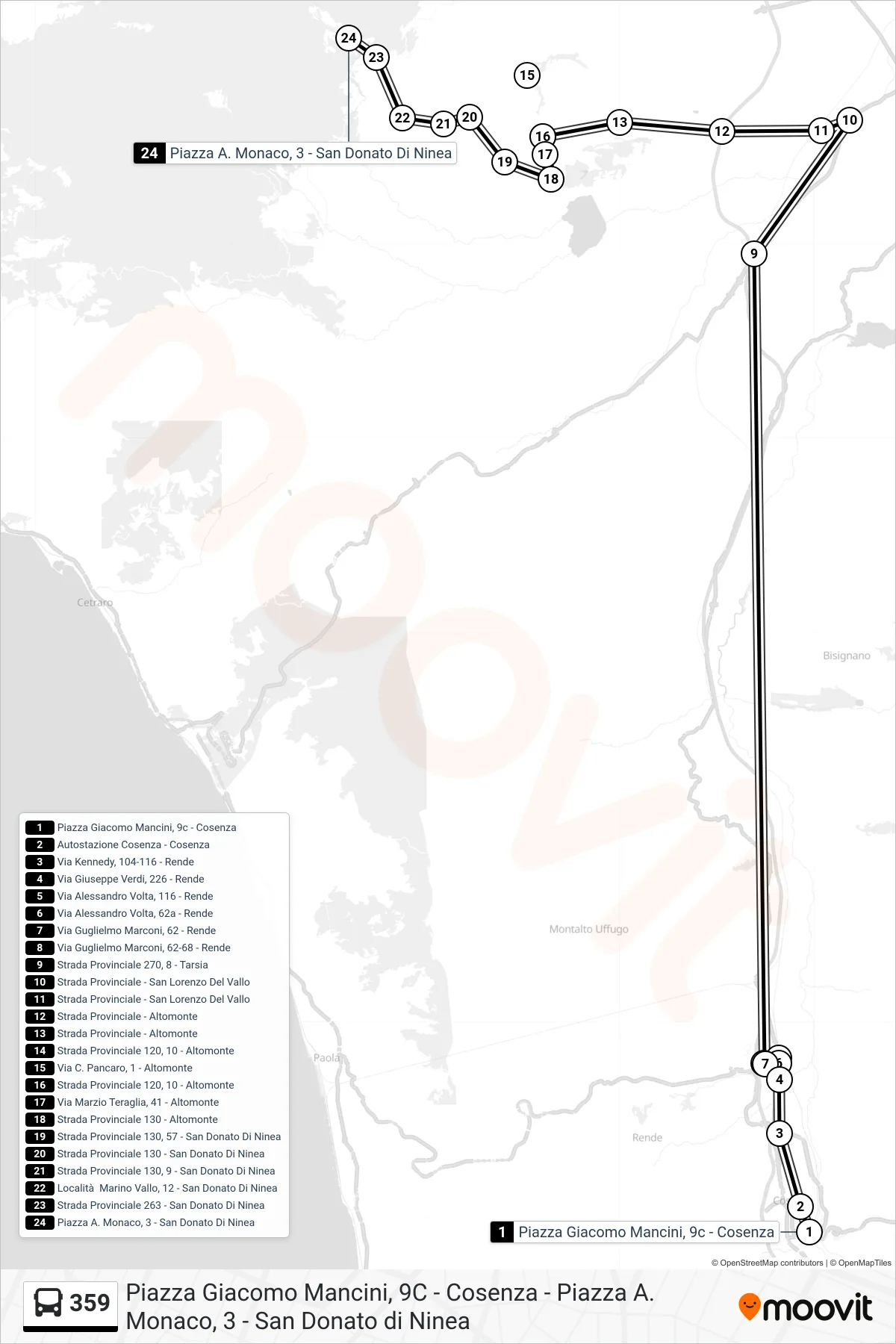 Linea 359 bus (Piazza A. Monaco, 3 - San Donato Di Ninea) - Percorsi e fermate sulla mappa