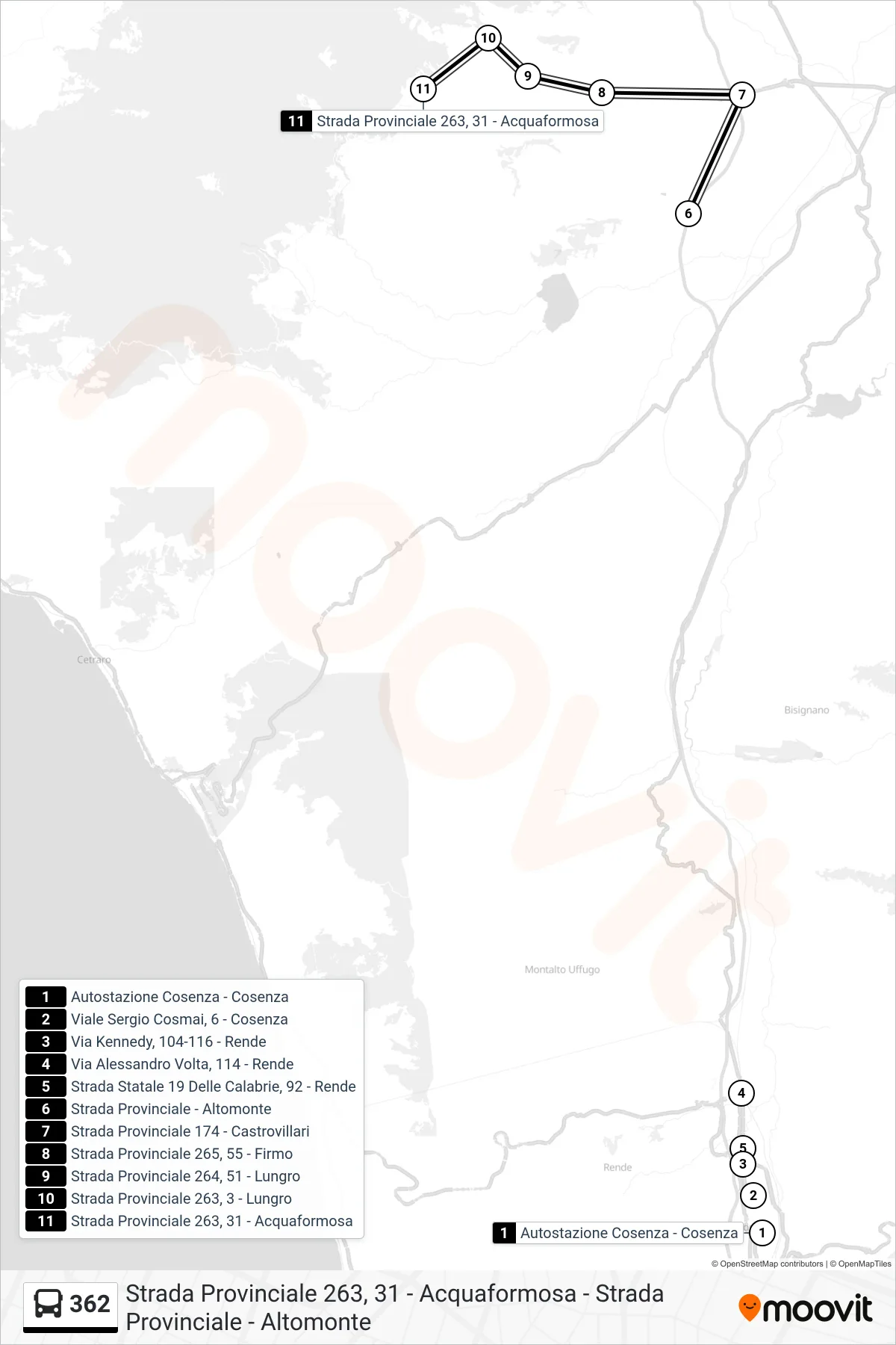 Linea 362 bus (Strada Provinciale 263, 31 - Acquaformosa) - Percorsi e fermate sulla mappa