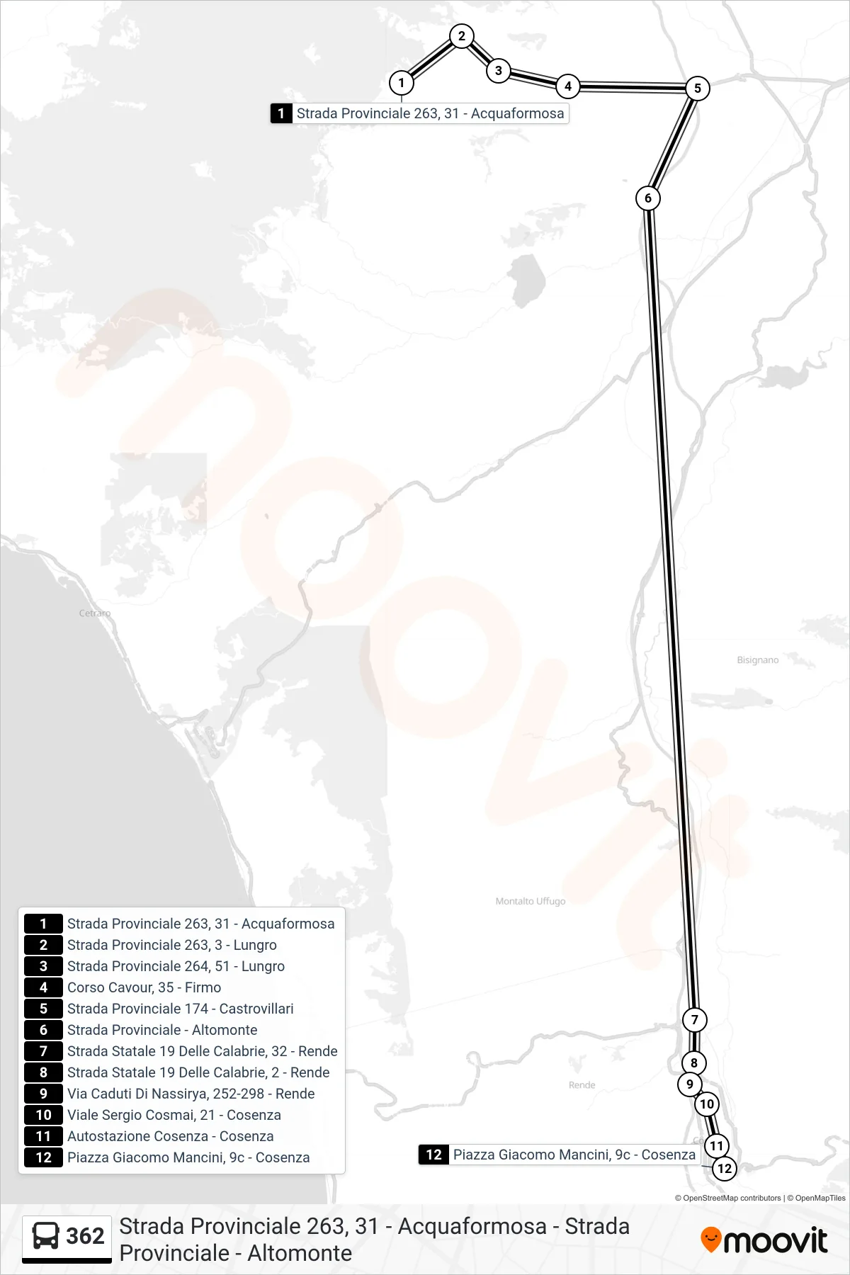 Linea 362  bus (Piazza Giacomo Mancini, 9c - Cosenza) - Percorsi e fermate sulla mappa