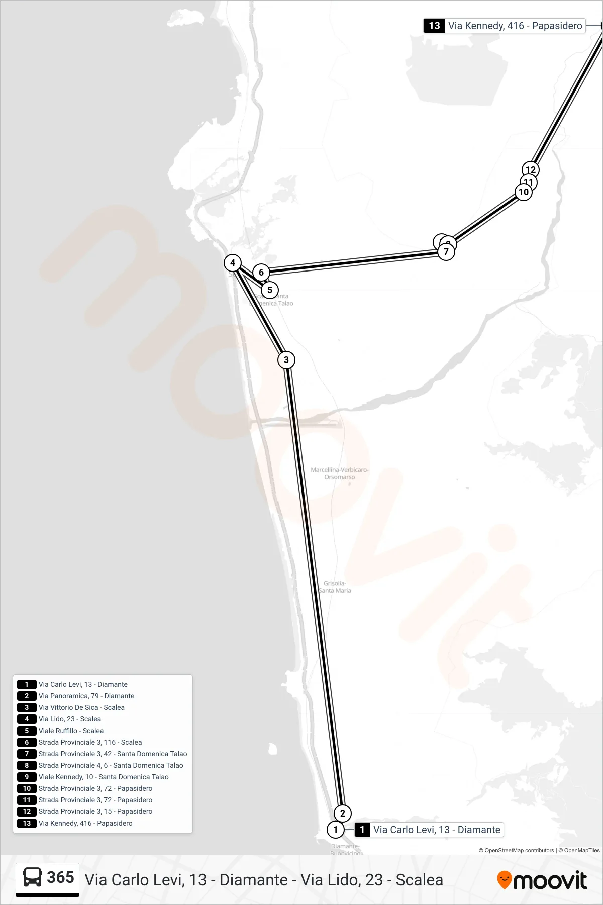 Linea 365  bus (Via Kennedy, 416 - Papasidero) - Percorsi e fermate sulla mappa