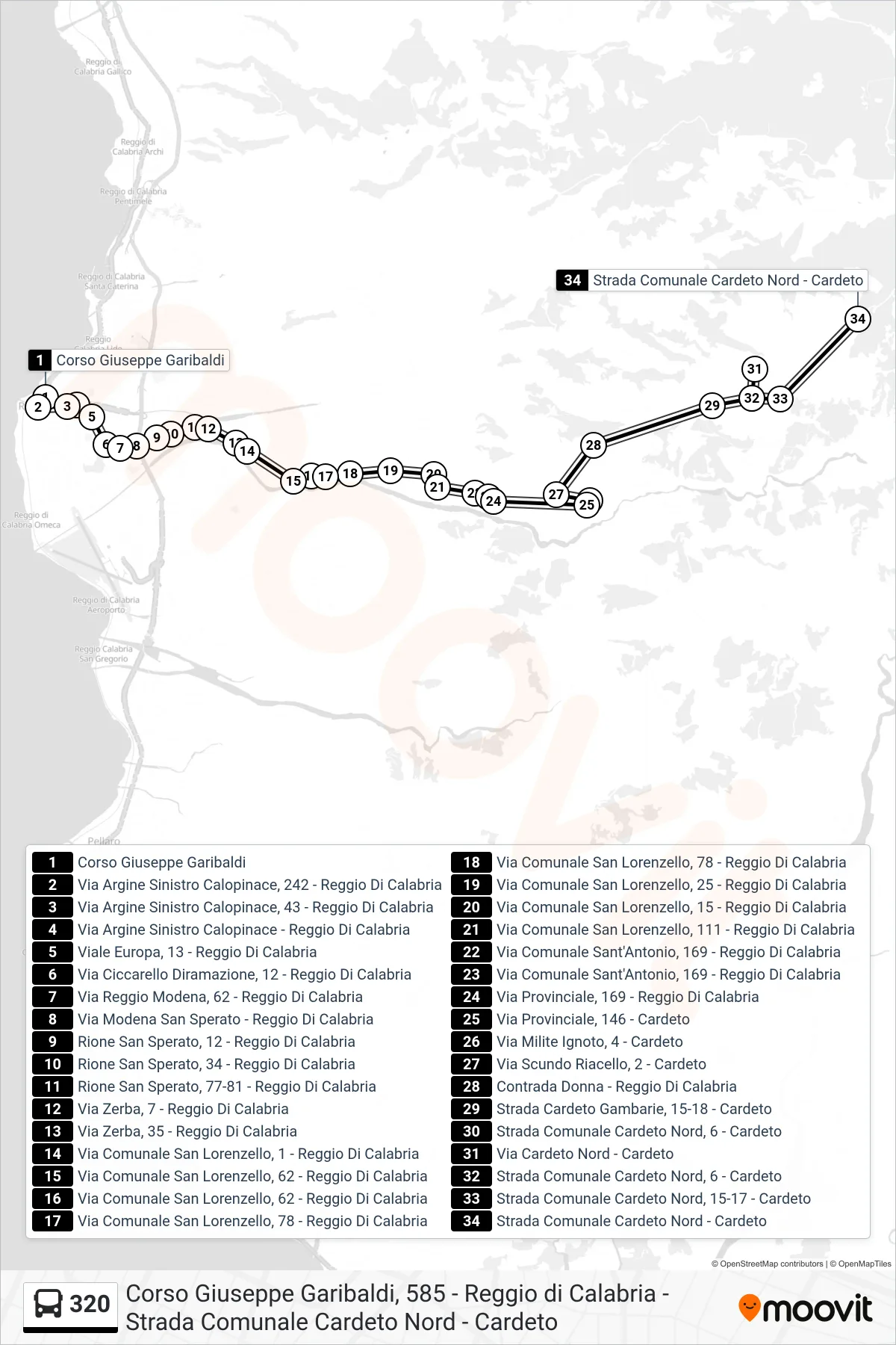 Linea 320 bus (Strada Comunale Cardeto Nord - Cardeto) - Percorsi e fermate sulla mappa