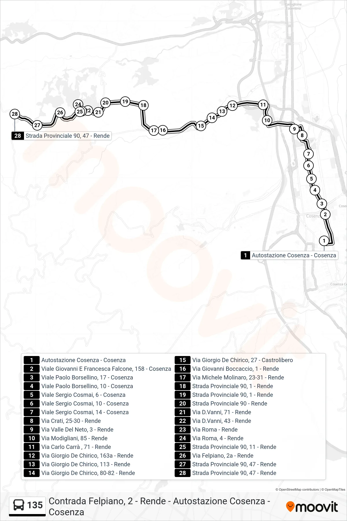 Linea 135  bus (Strada Provinciale 90, 47 - Rende) - Percorsi e fermate sulla mappa