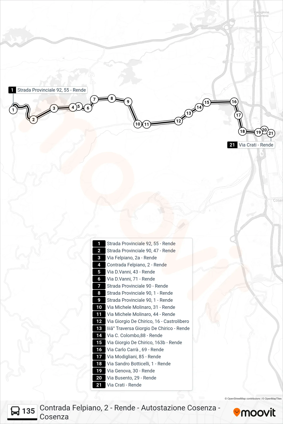 Linea 135 bus (Via Crati - Rende) - Percorsi e fermate sulla mappa