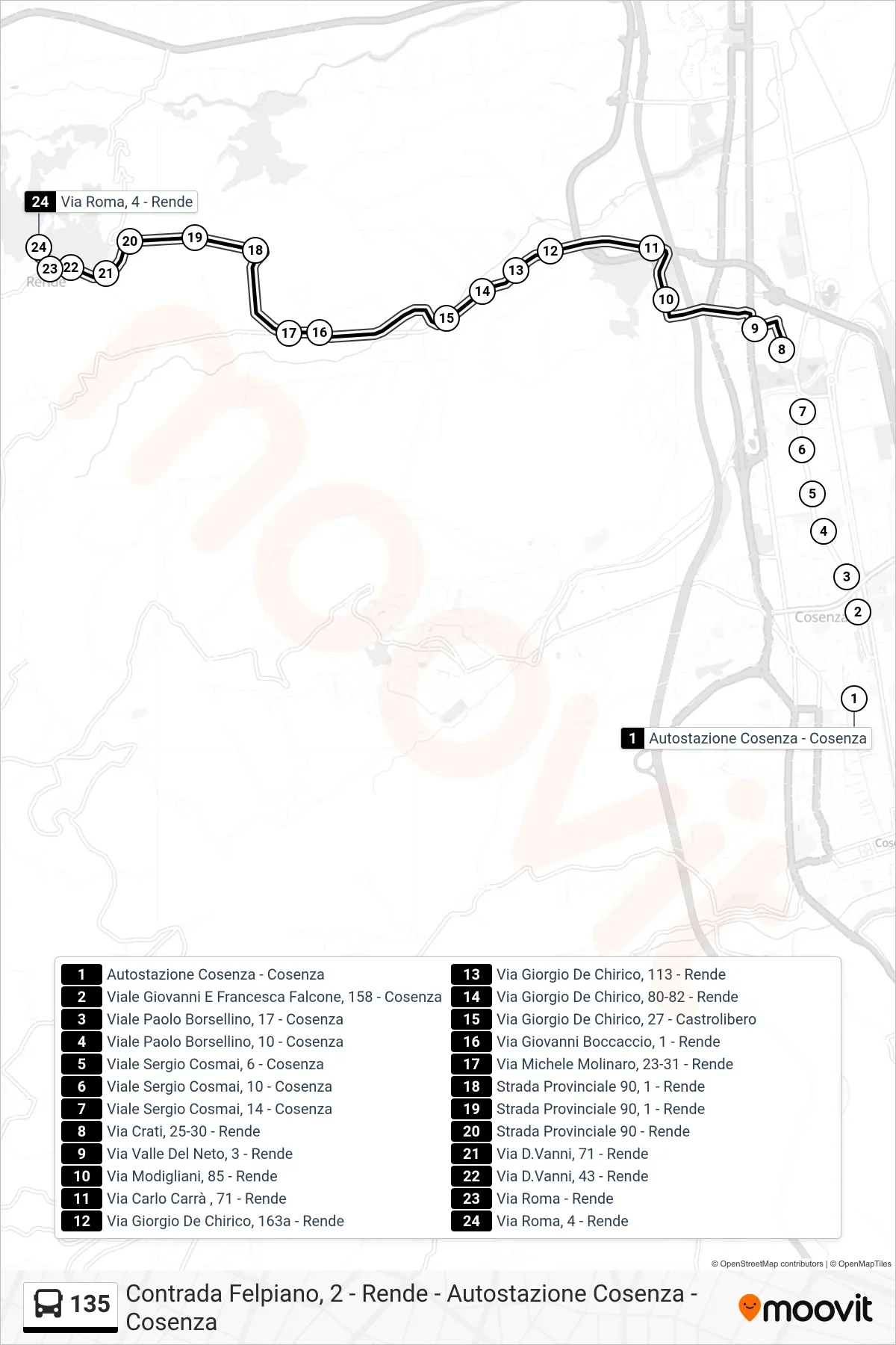 Linea 135  bus (Via Roma, 4 - Rende) - Percorsi e fermate sulla mappa