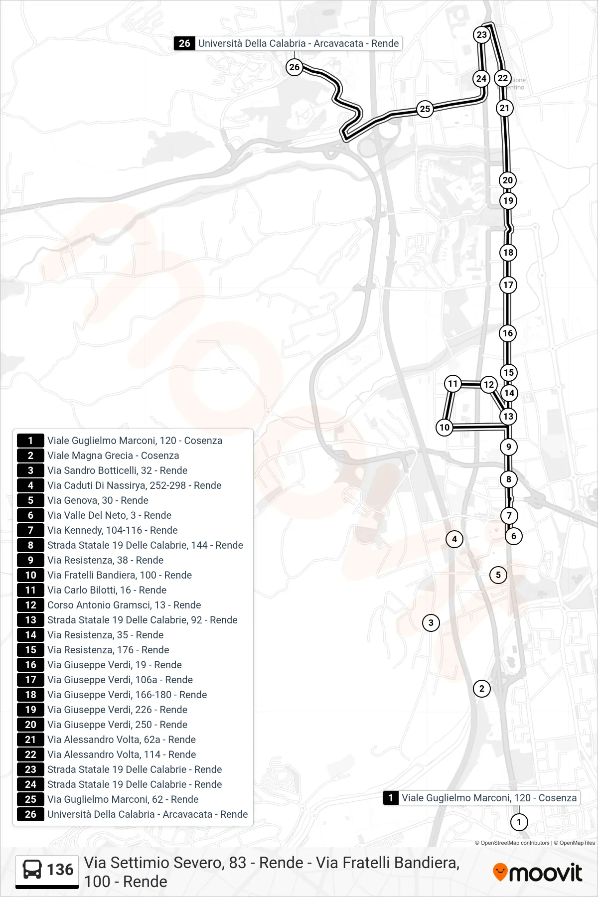 Linea 136 bus (Università Della Calabria - Arcavacata - Rende) - Percorsi e fermate sulla mappa