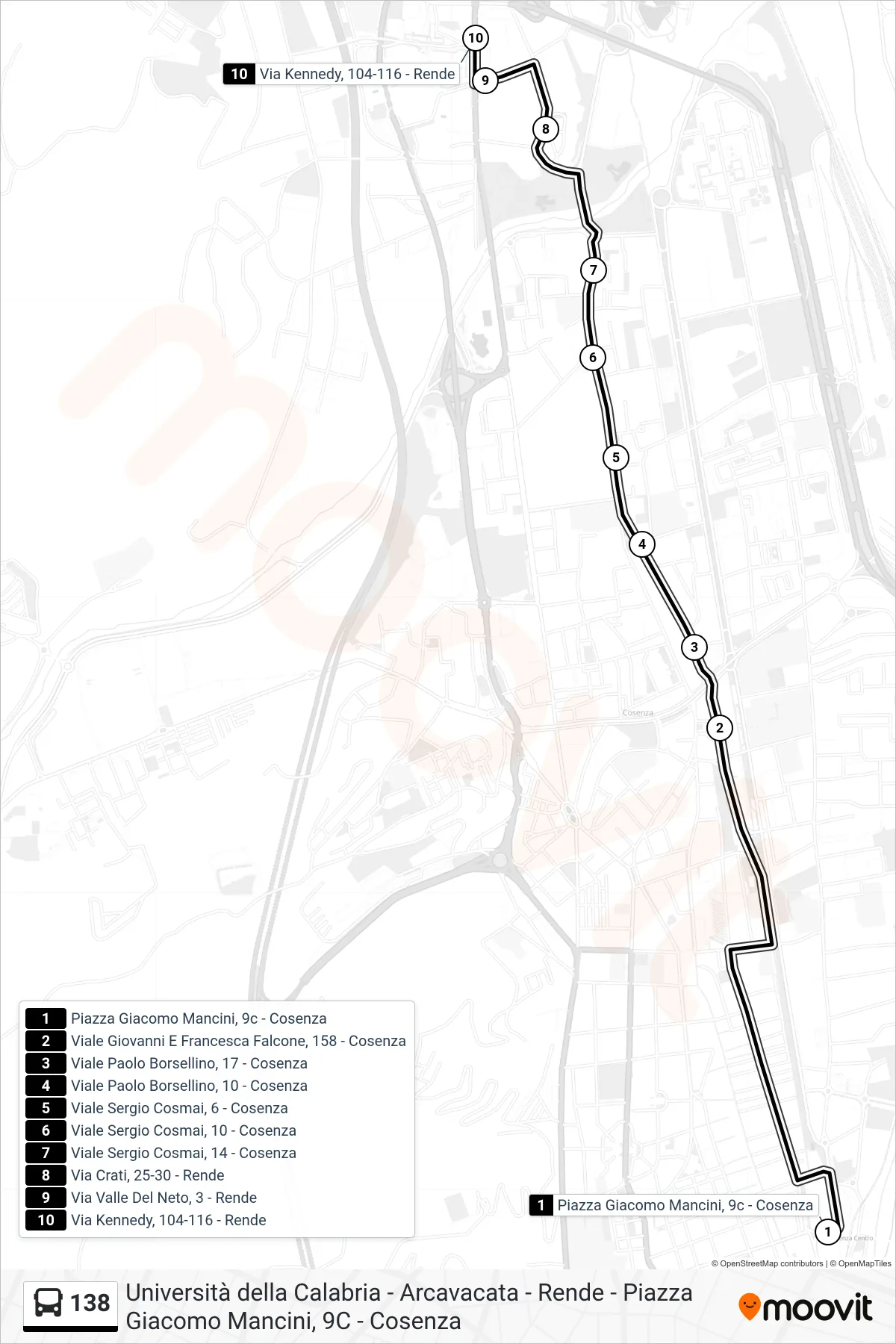 Linea 138  bus (Via Kennedy, 104-116 - Rende) - Percorsi e fermate sulla mappa