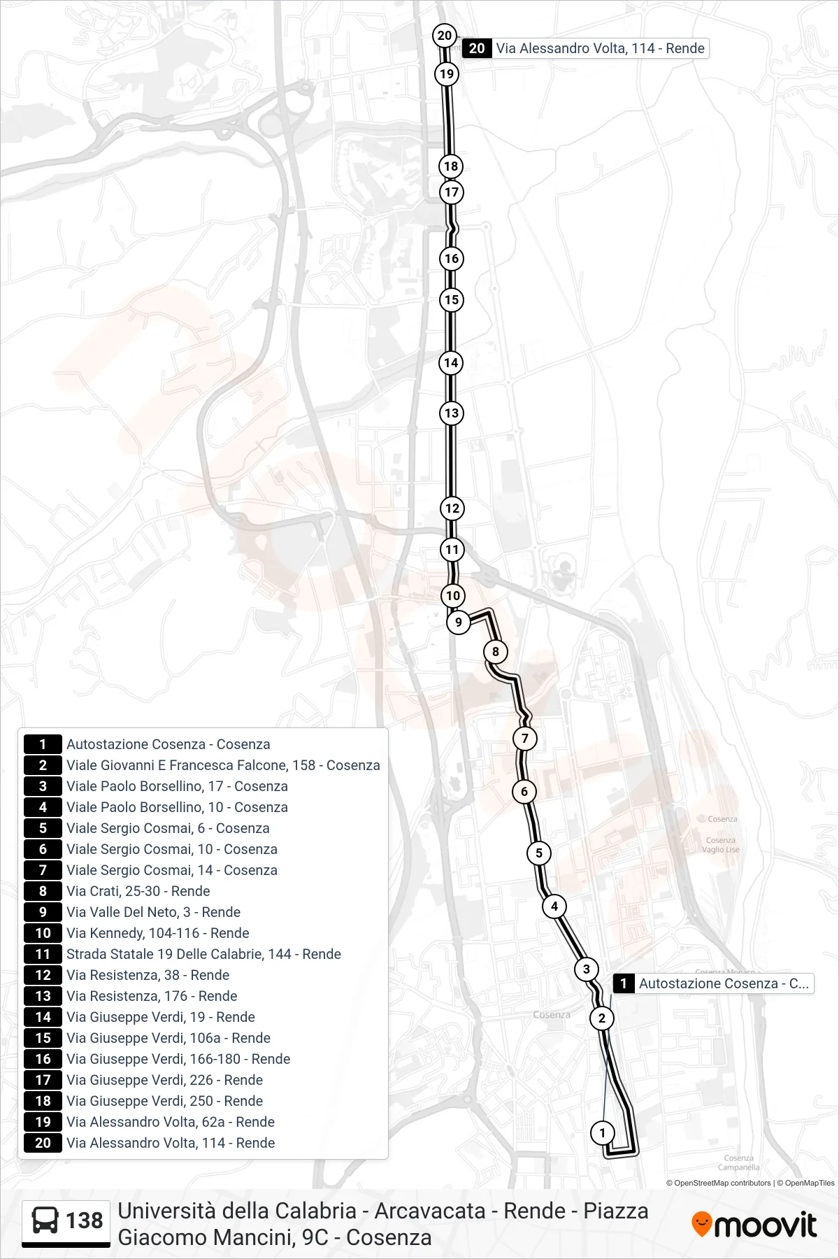 Linea 138 bus (Via Alessandro Volta, 114 - Rende) - Percorsi e fermate sulla mappa