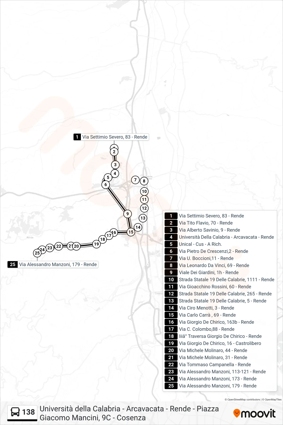 Linea 138 bus (Via Alessandro Manzoni, 179 - Rende) - Percorsi e fermate sulla mappa