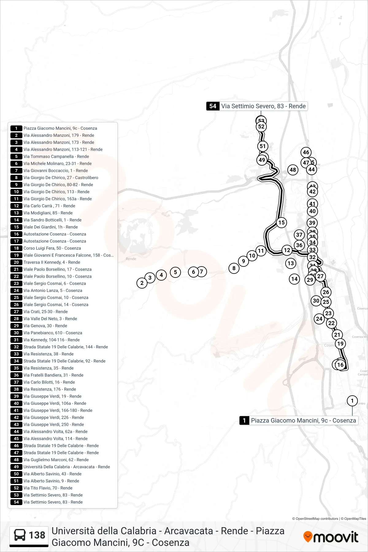 Linea 138 bus (Via Settimio Severo, 83 - Rende) - Percorsi e fermate sulla mappa