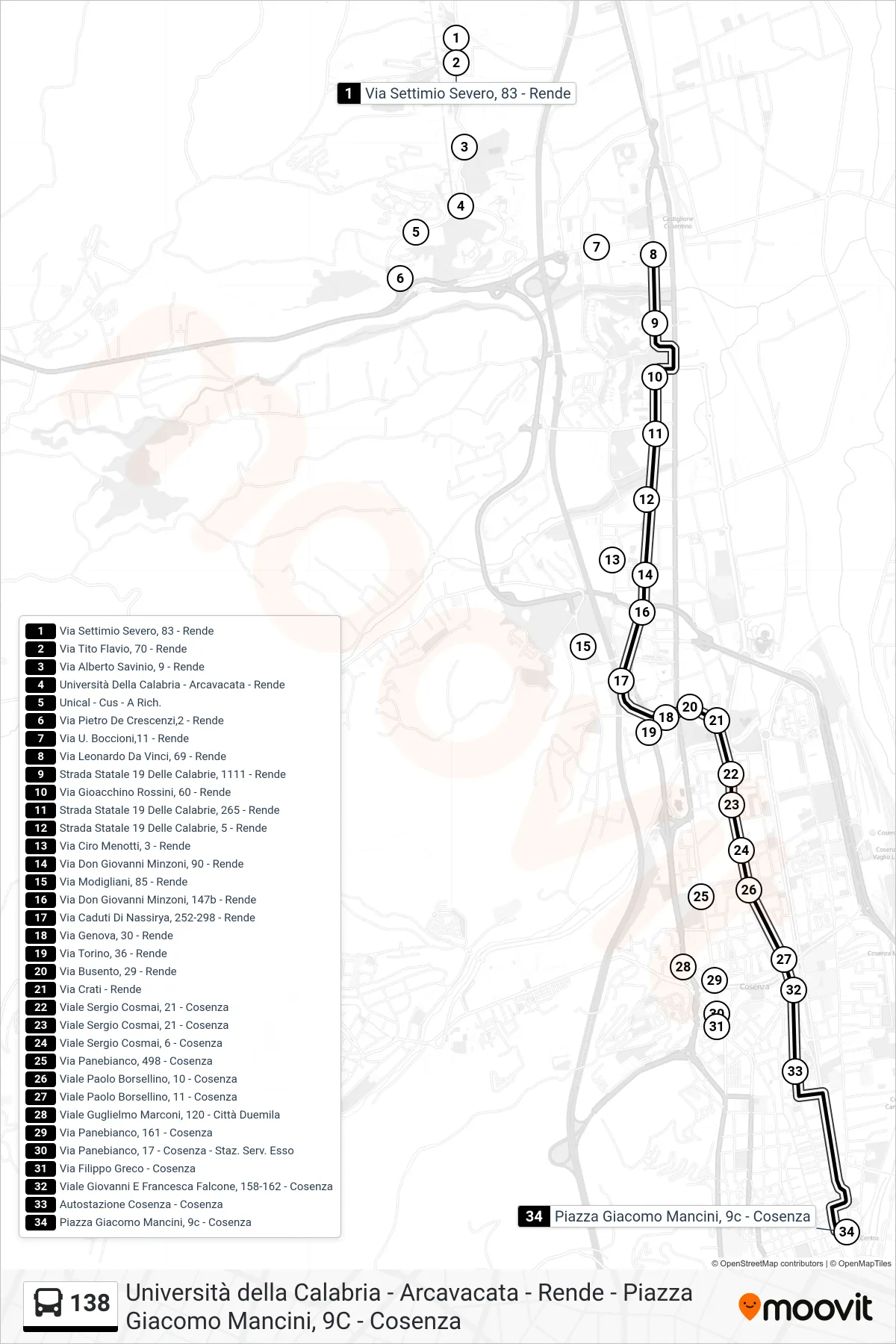 Linea 138  bus (Piazza Giacomo Mancini, 9c - Cosenza) - Percorsi e fermate sulla mappa
