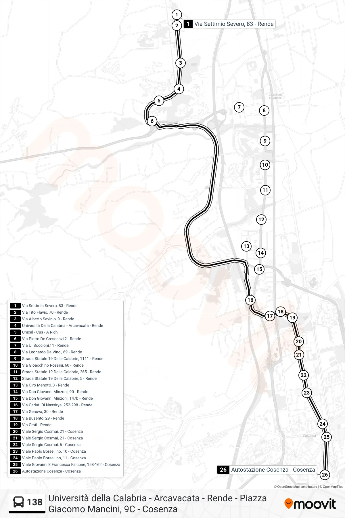 Linea 138 bus (Autostazione Cosenza - Cosenza) - Percorsi e fermate sulla mappa