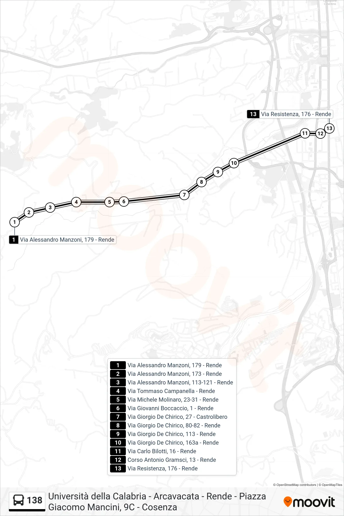 Linea 138 bus (Via Resistenza, 176 - Rende) - Percorsi e fermate sulla mappa