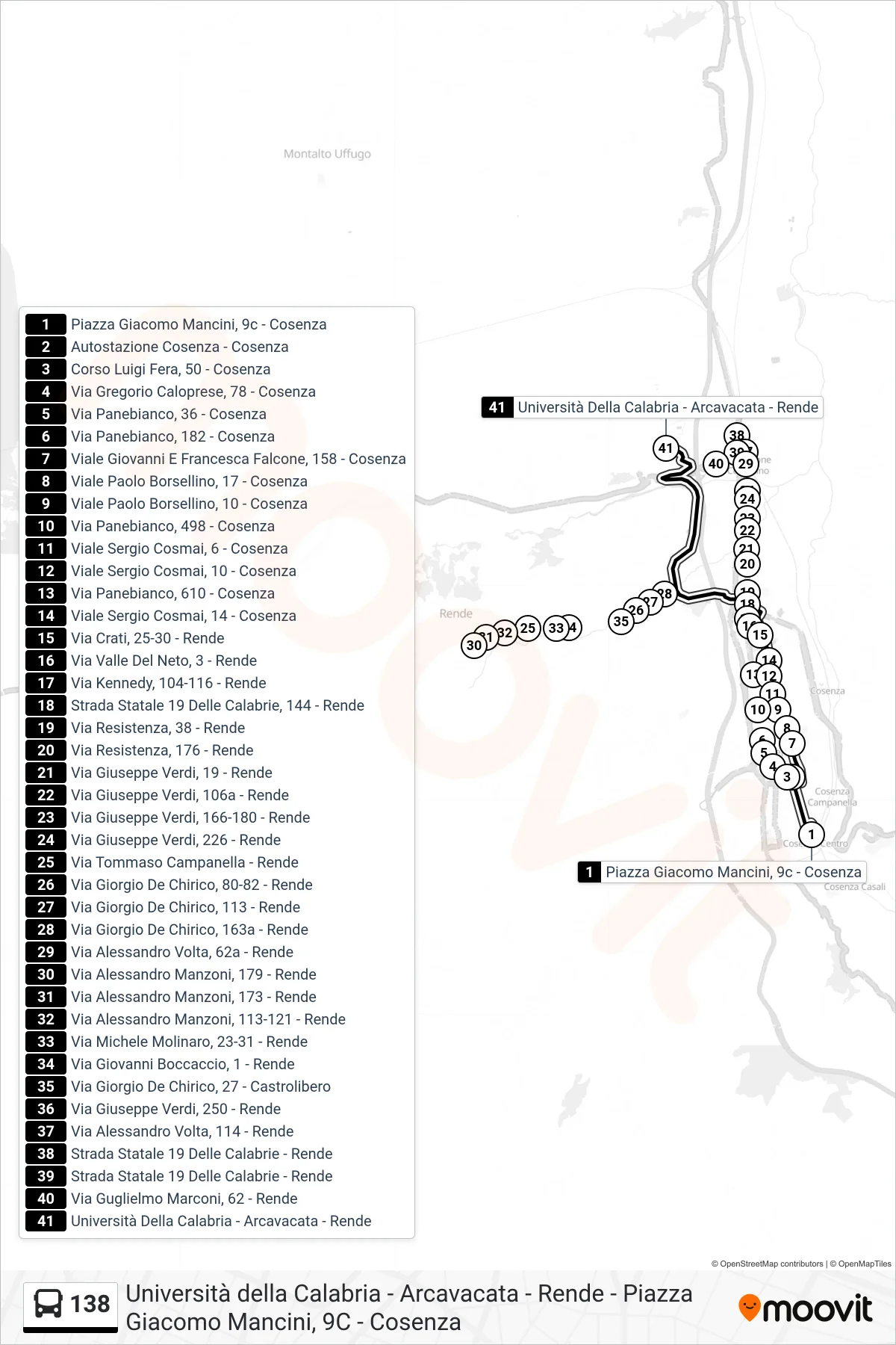 Linea 138 bus (Università Della Calabria - Arcavacata - Rende) - Percorsi e fermate sulla mappa