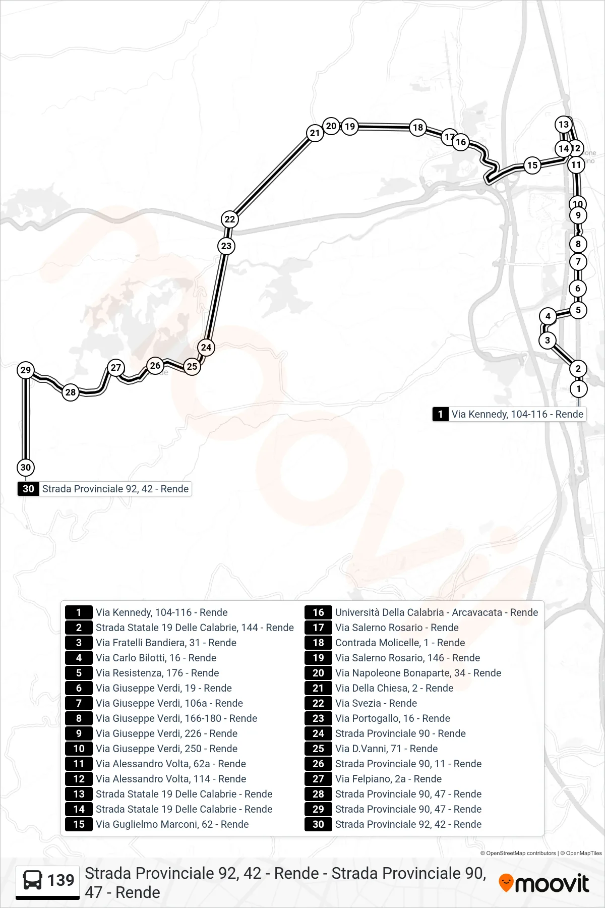 Linea 139 bus (Strada Provinciale 92, 42 - Rende) - Percorsi e fermate sulla mappa