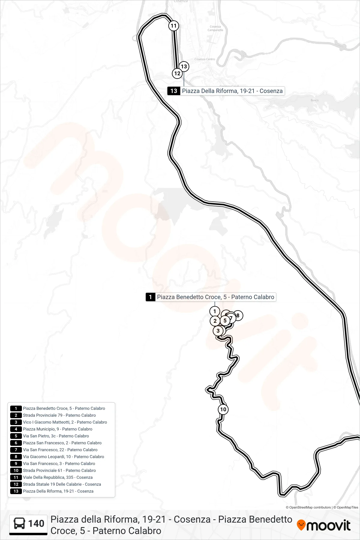 Linea 140  bus (Piazza Della Riforma, 19-21 - Cosenza) - Percorsi e fermate sulla mappa