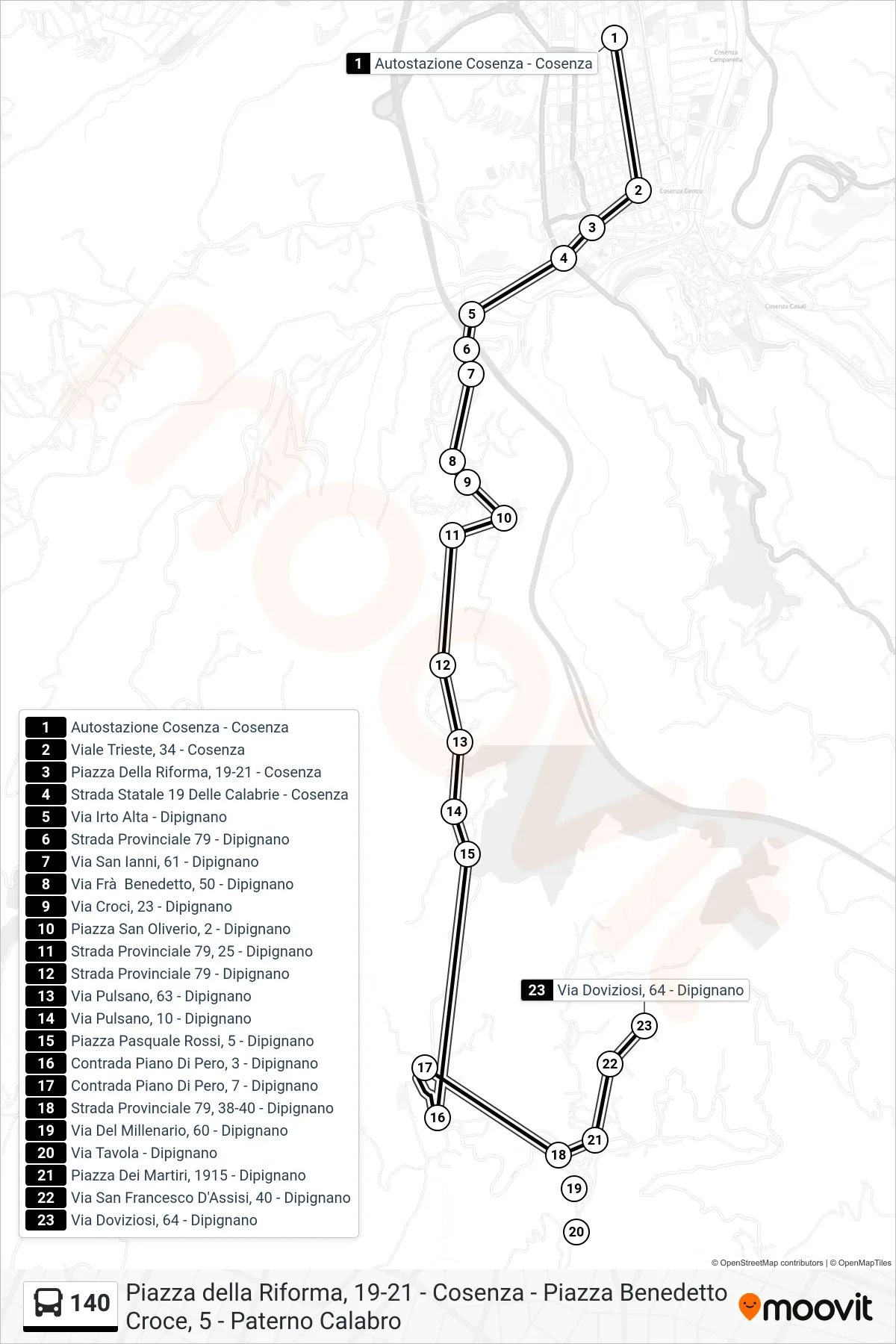 Linea 140 bus (Via Doviziosi, 64 - Dipignano) - Percorsi e fermate sulla mappa