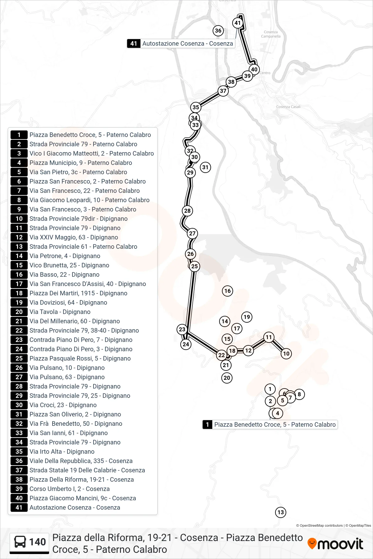 Linea 140 bus (Autostazione Cosenza - Cosenza) - Percorsi e fermate sulla mappa