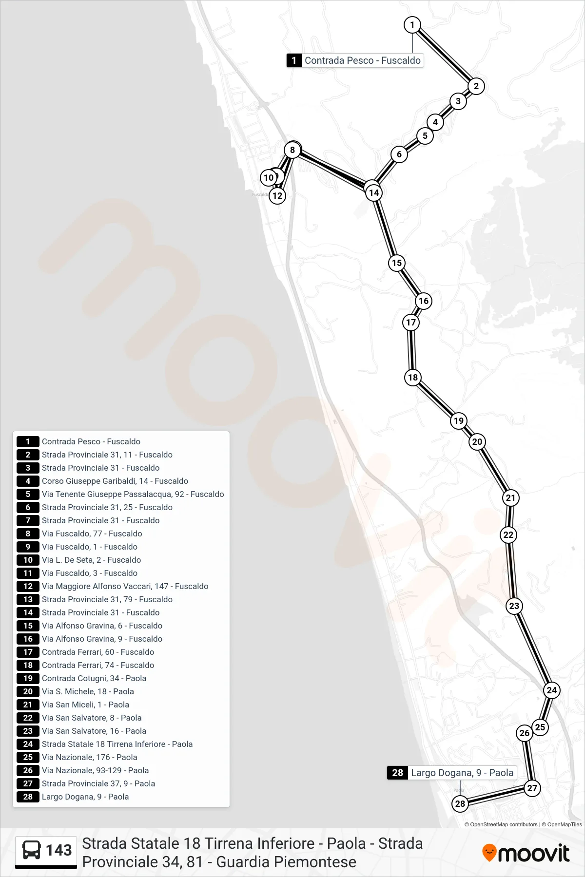 Linea 143 bus (Largo Dogana, 9 - Paola) - Percorsi e fermate sulla mappa