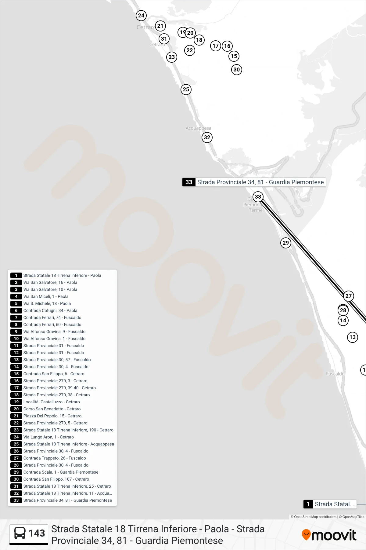 Linea 143 bus (Strada Provinciale 34, 81 - Guardia Piemontese) - Percorsi e fermate sulla mappa