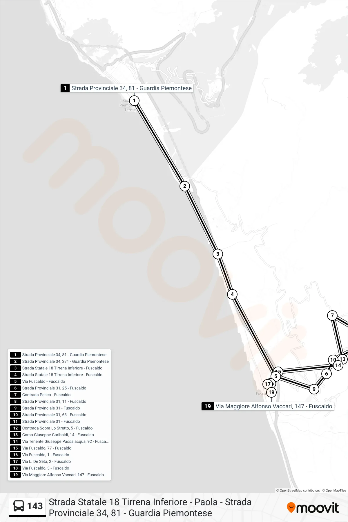 Linea 143 bus (Via Maggiore Alfonso Vaccari, 147 - Fuscaldo) - Percorsi e fermate sulla mappa