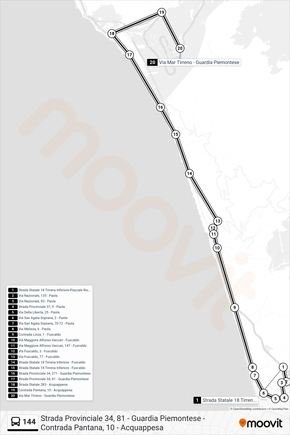 Linea 144 bus (Via Mar Tirreno - Guardia Piemontese) - Percorsi e fermate sulla mappa