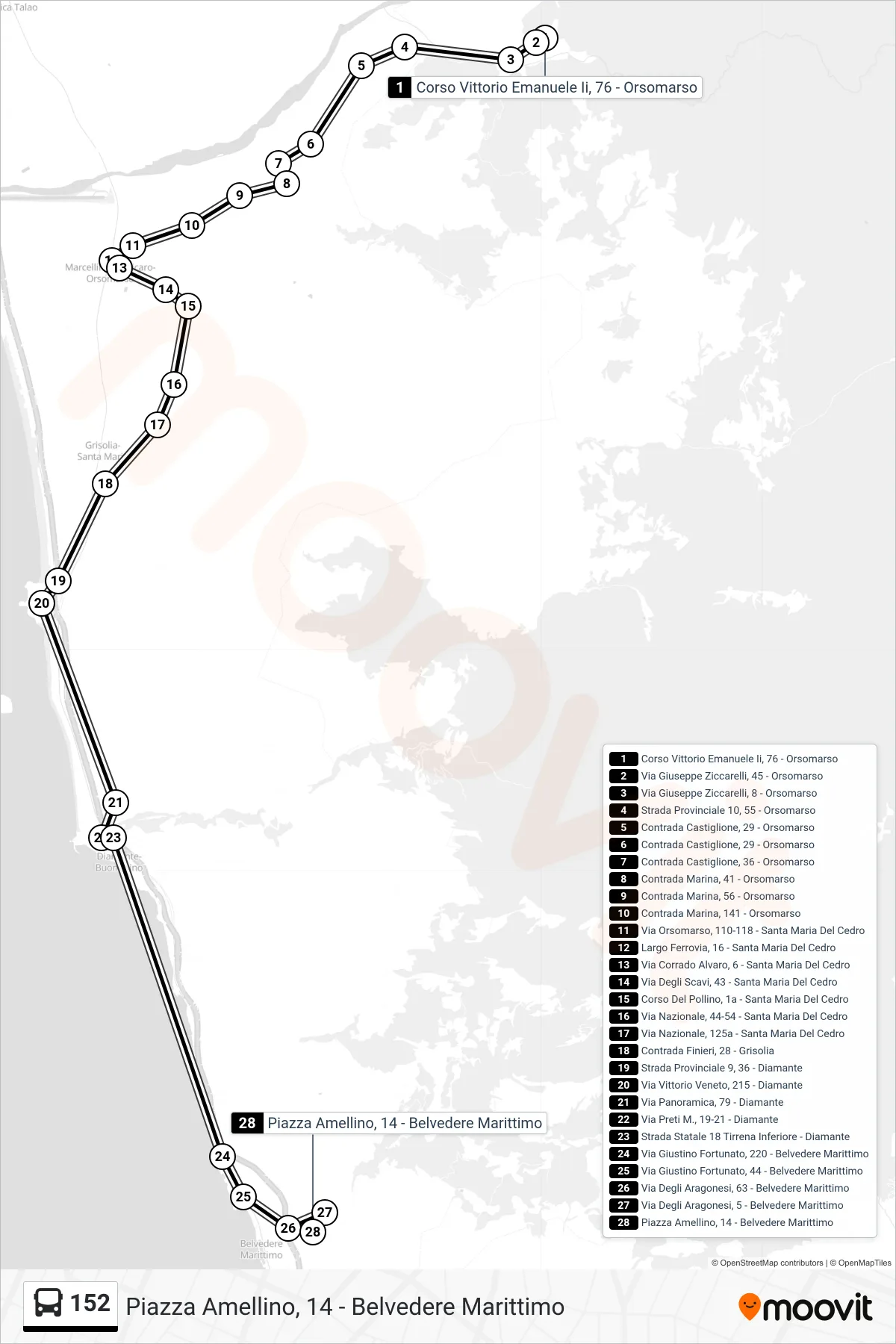Linea 152  bus (Piazza Amellino, 14 - Belvedere Marittimo) - Percorsi e fermate sulla mappa