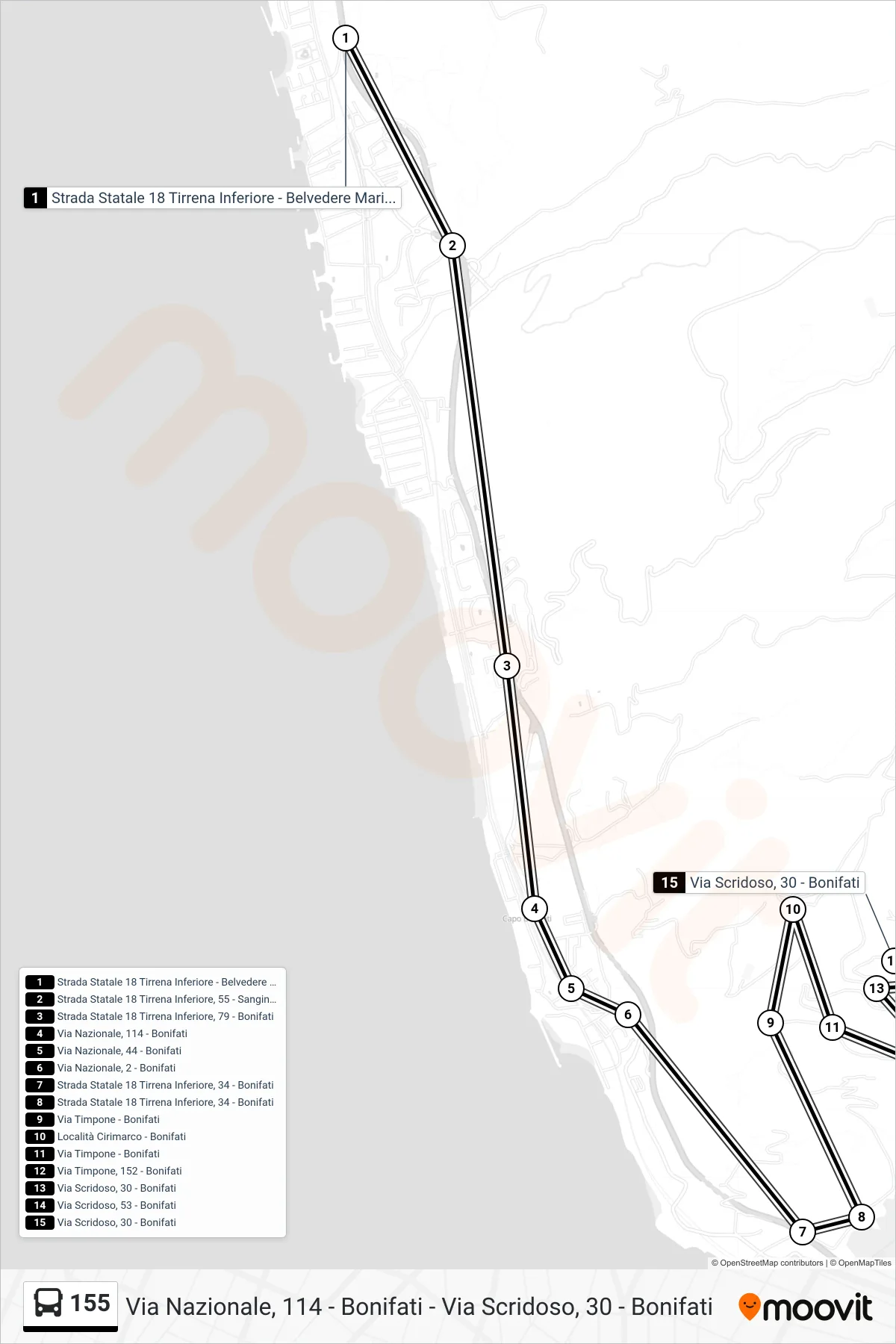 Linea 155 bus (Via Scridoso, 30 - Bonifati) - Percorsi e fermate sulla mappa