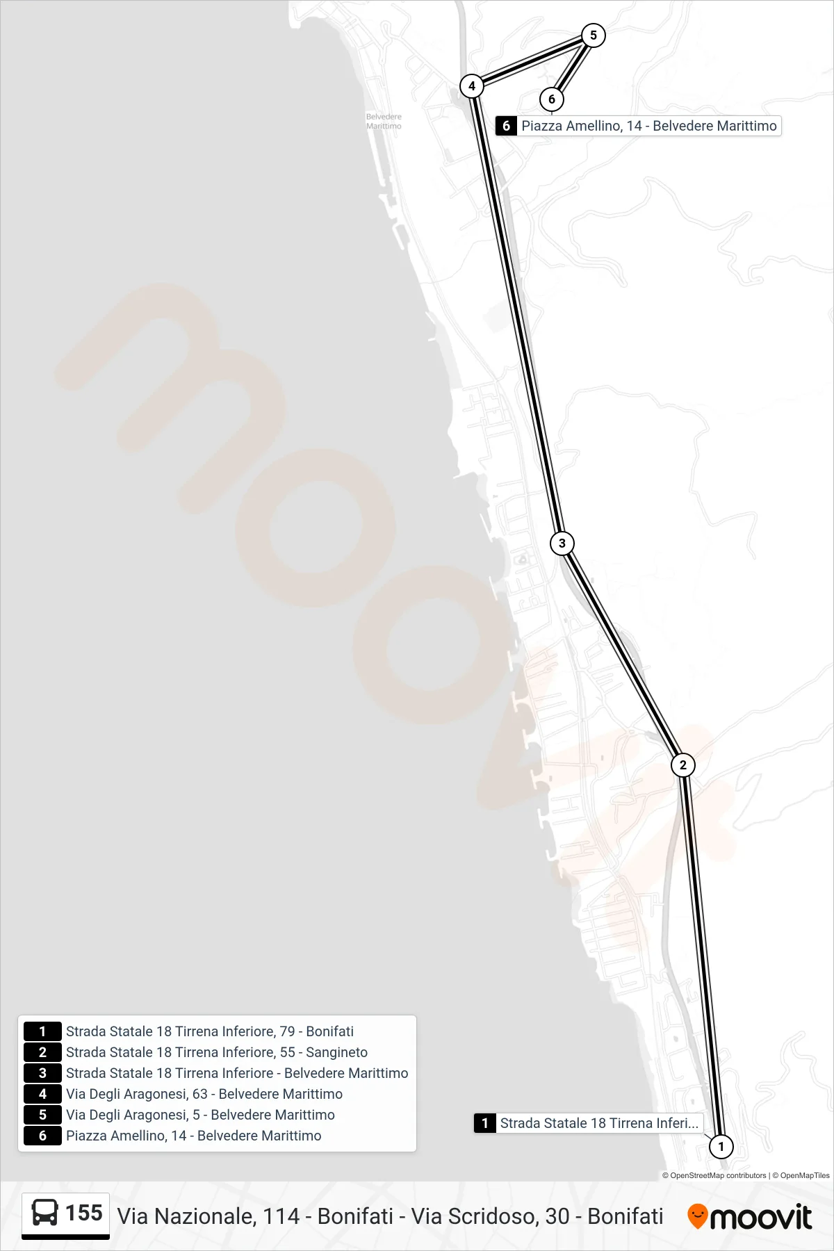 Linea 155  bus (Piazza Amellino, 14 - Belvedere Marittimo) - Percorsi e fermate sulla mappa