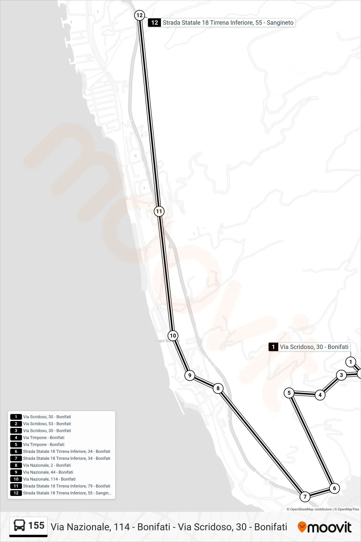 Linea 155  bus (Strada Statale 18 Tirrena Inferiore, 55 - Sangineto) - Percorsi e fermate sulla mappa