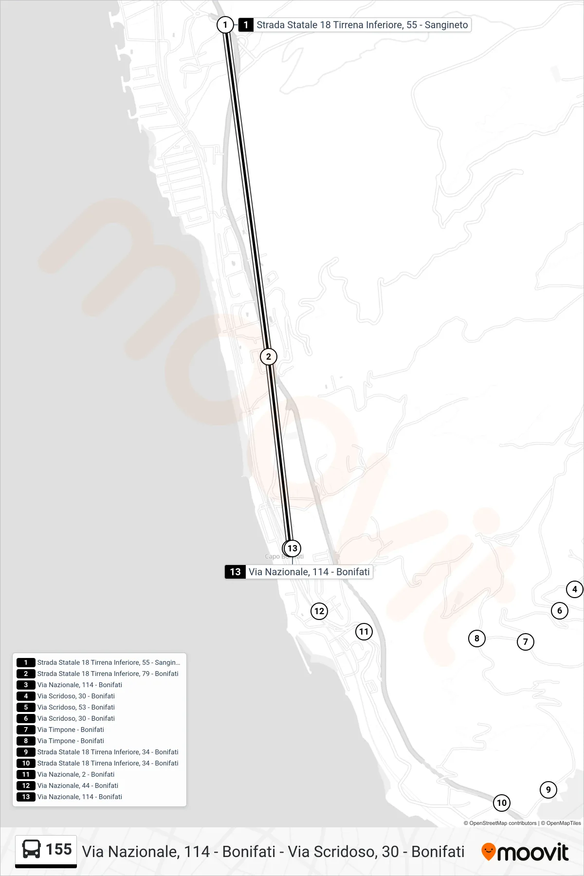 Linea 155  bus (Via Nazionale, 114 - Bonifati) - Percorsi e fermate sulla mappa
