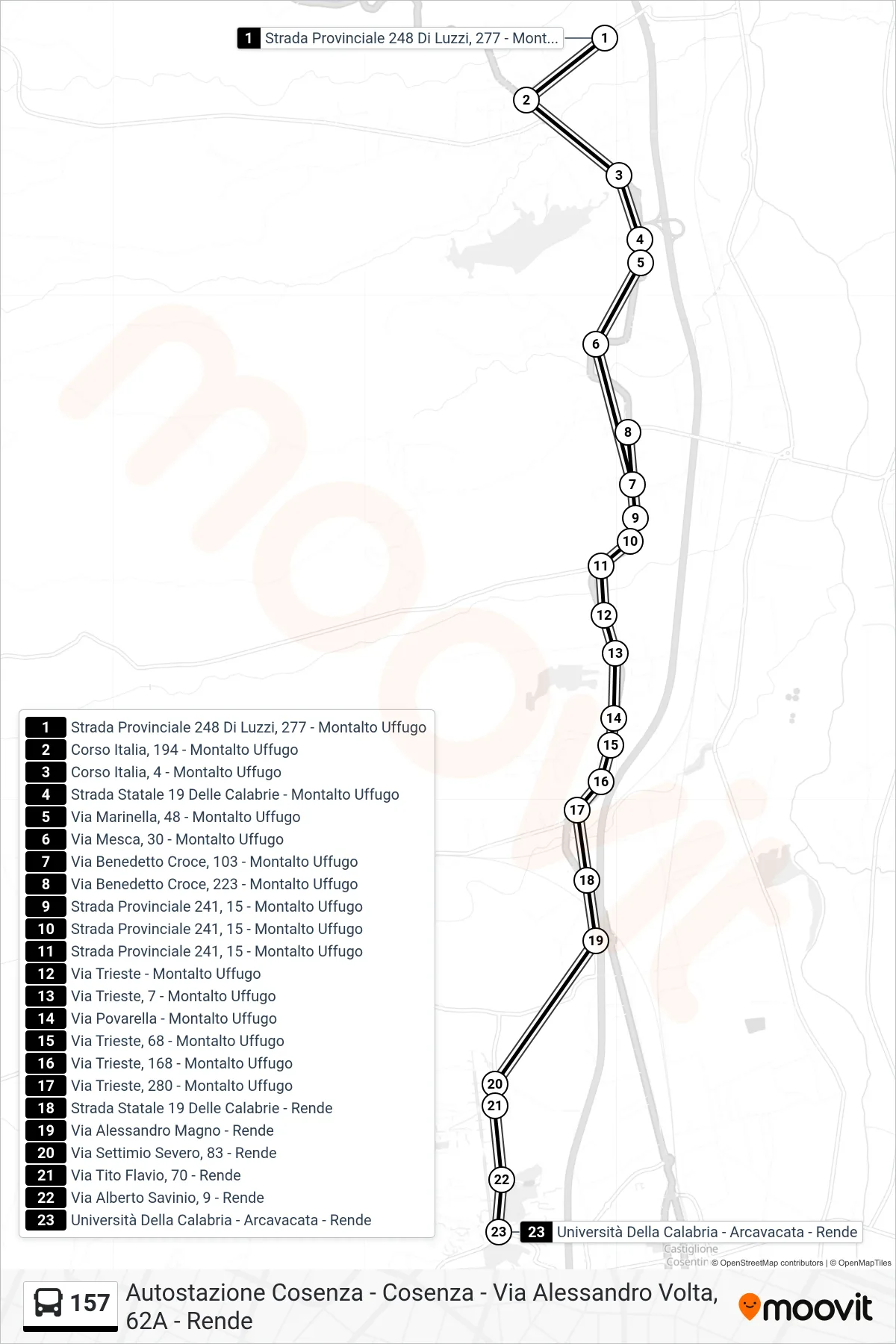 Linea 157 bus (Università Della Calabria - Arcavacata - Rende) - Percorsi e fermate sulla mappa