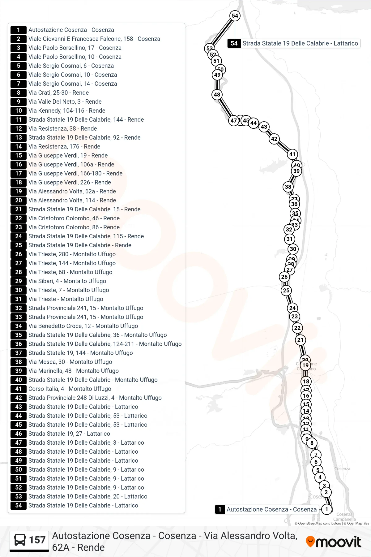 Linea 157  bus (Strada Statale 19 Delle Calabrie - Lattarico) - Percorsi e fermate sulla mappa