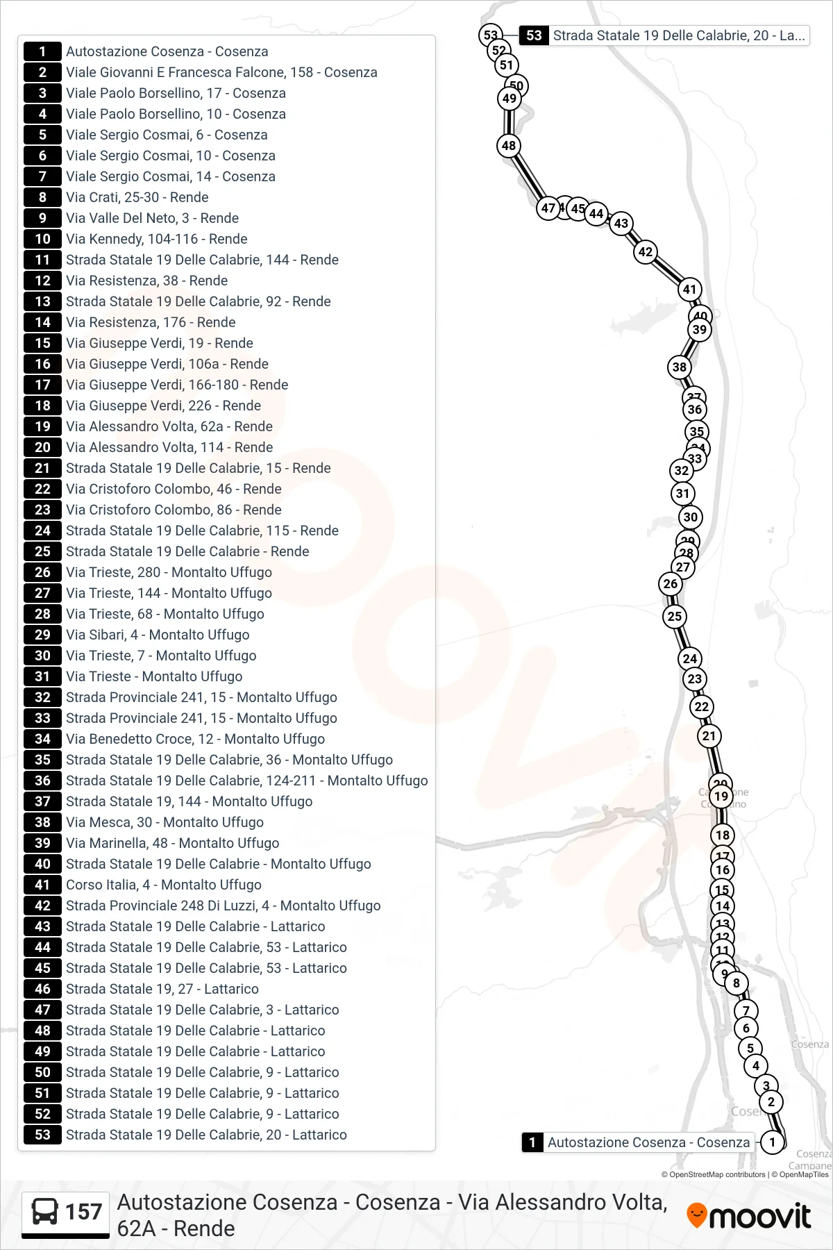 Linea 157 bus (Strada Statale 19 Delle Calabrie, 20 - Lattarico) - Percorsi e fermate sulla mappa