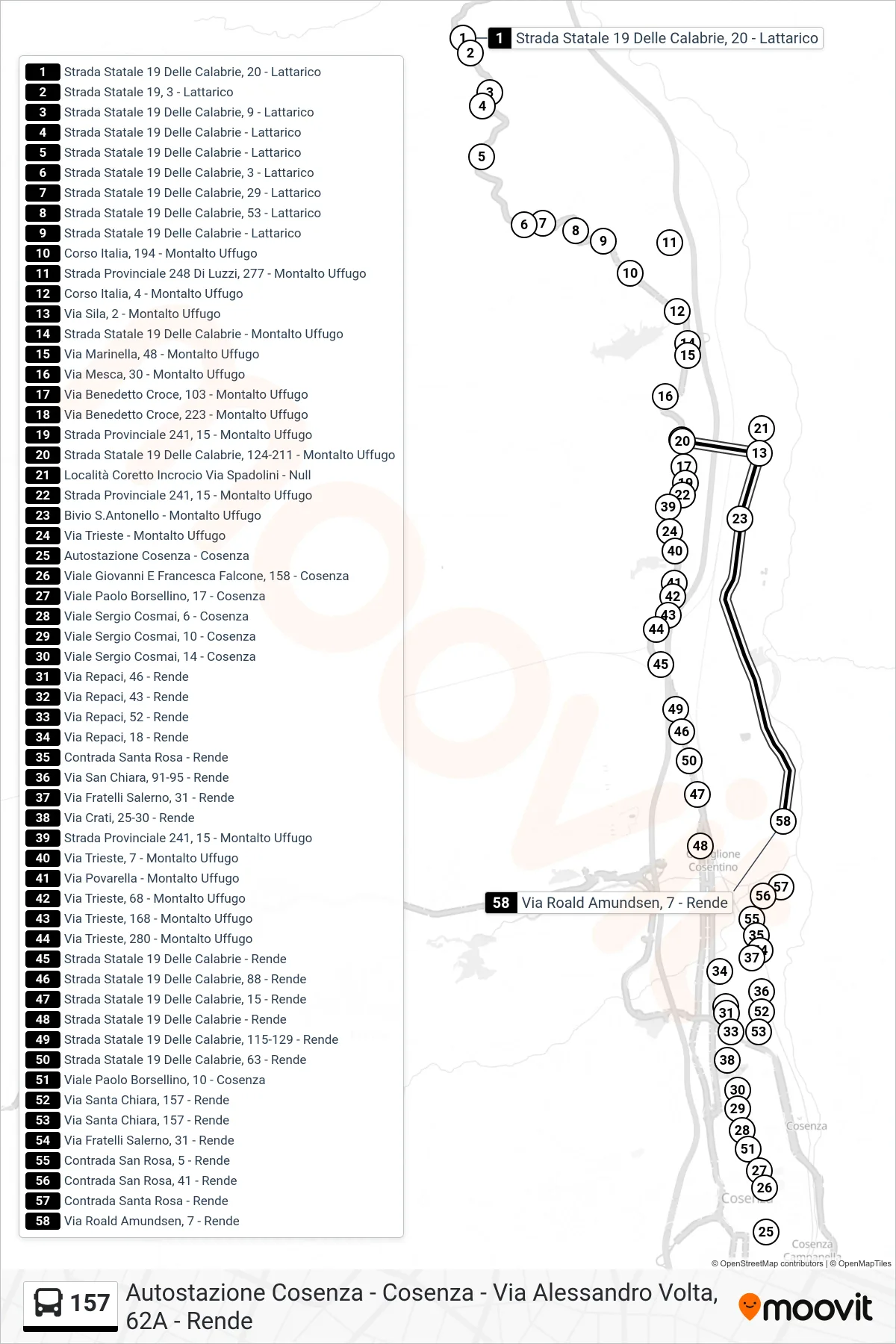 Linea 157 bus (Via Roald Amundsen, 7 - Rende) - Percorsi e fermate sulla mappa