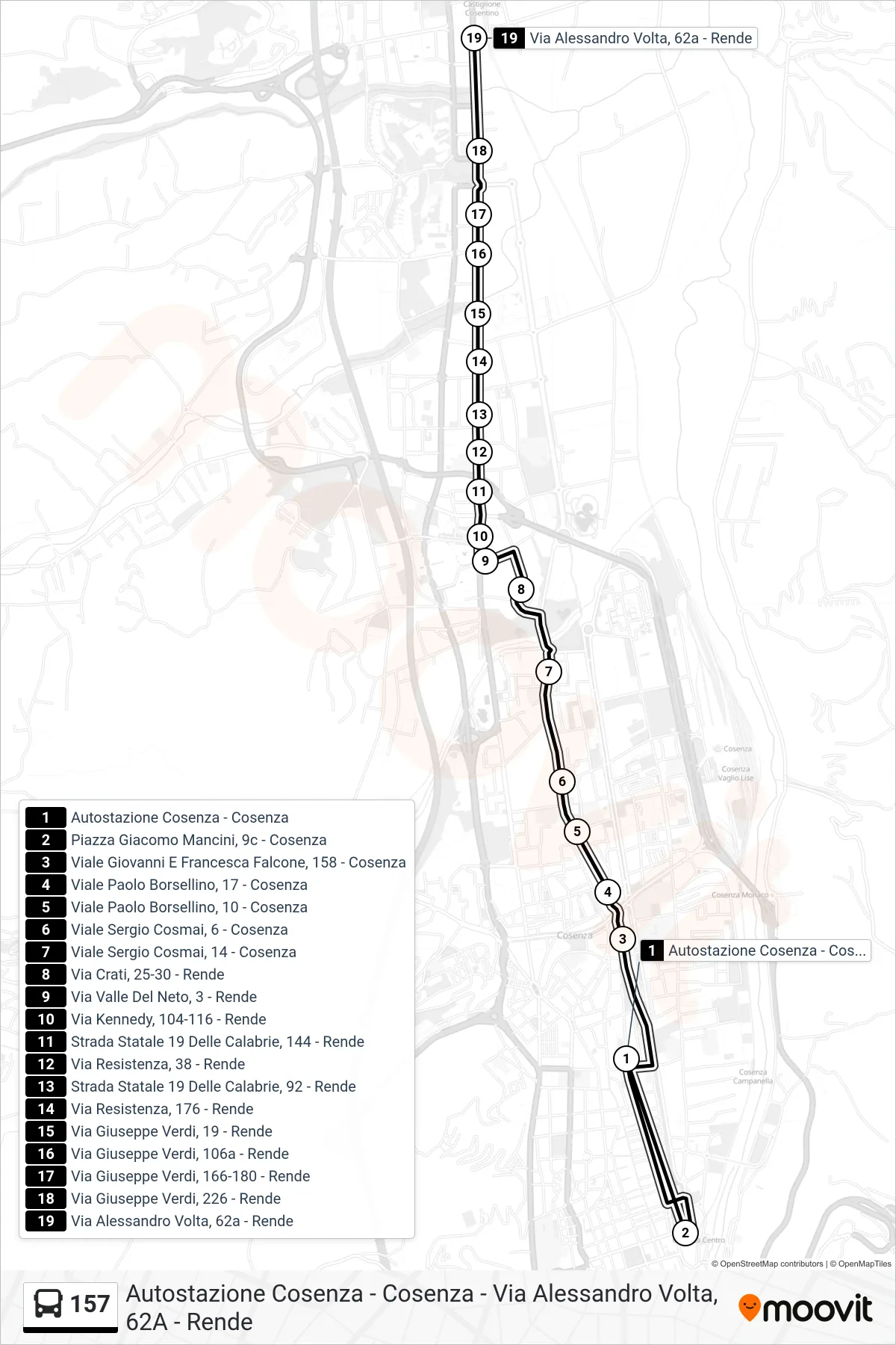Linea 157  bus (Via Alessandro Volta, 62a - Rende) - Percorsi e fermate sulla mappa