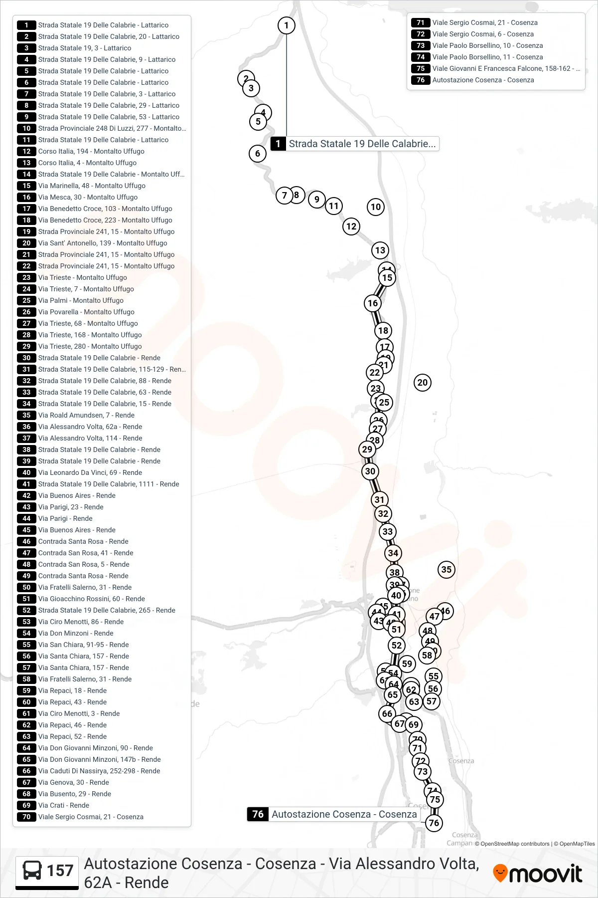Linea 157  bus (Autostazione Cosenza - Cosenza) - Percorsi e fermate sulla mappa