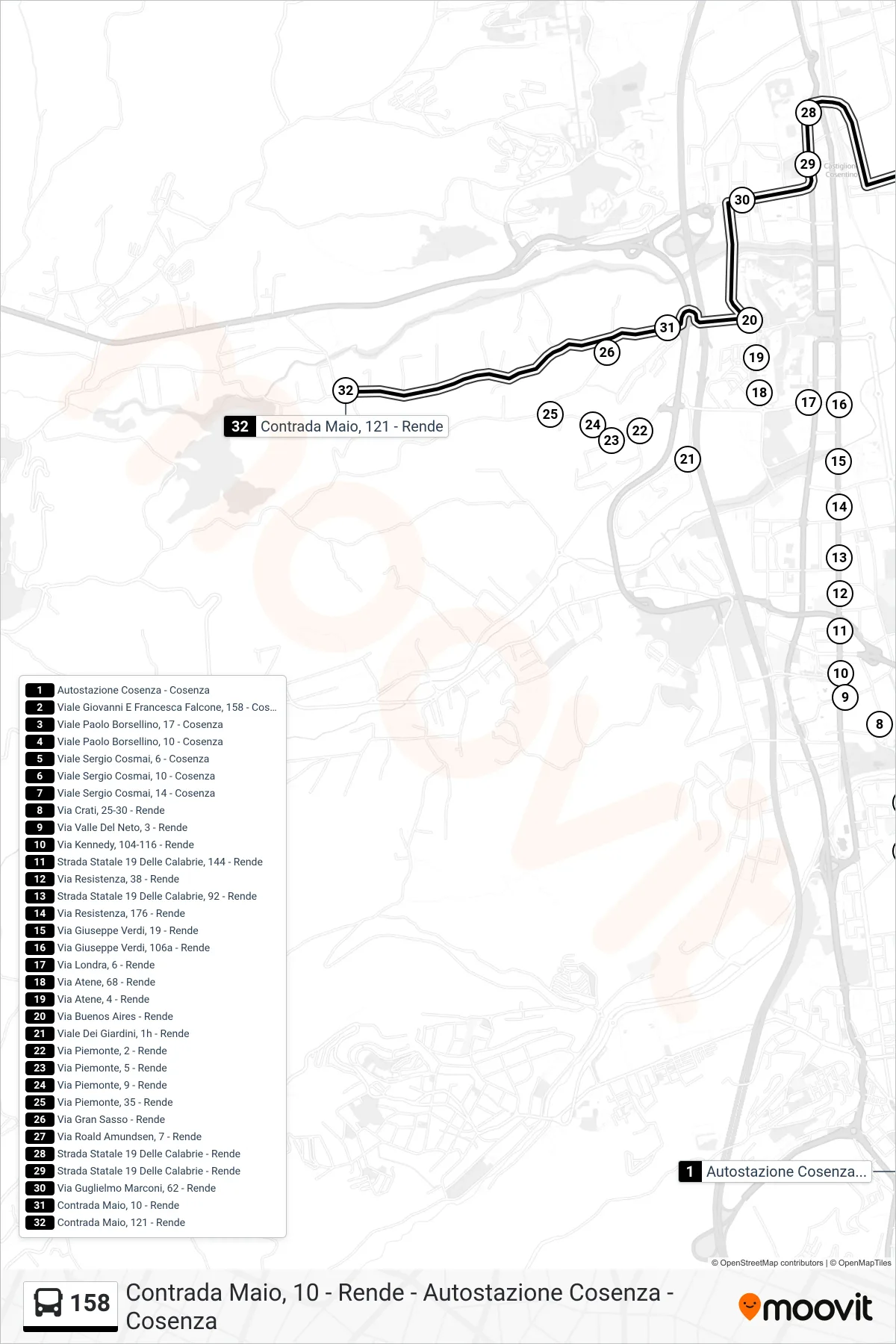 Linea 158  bus (Contrada Maio, 121 - Rende) - Percorsi e fermate sulla mappa