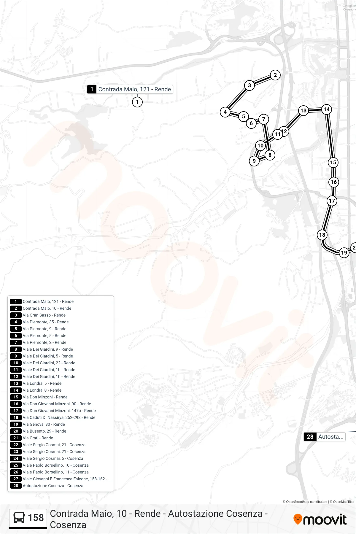 Linea 158  bus (Autostazione Cosenza - Cosenza) - Percorsi e fermate sulla mappa